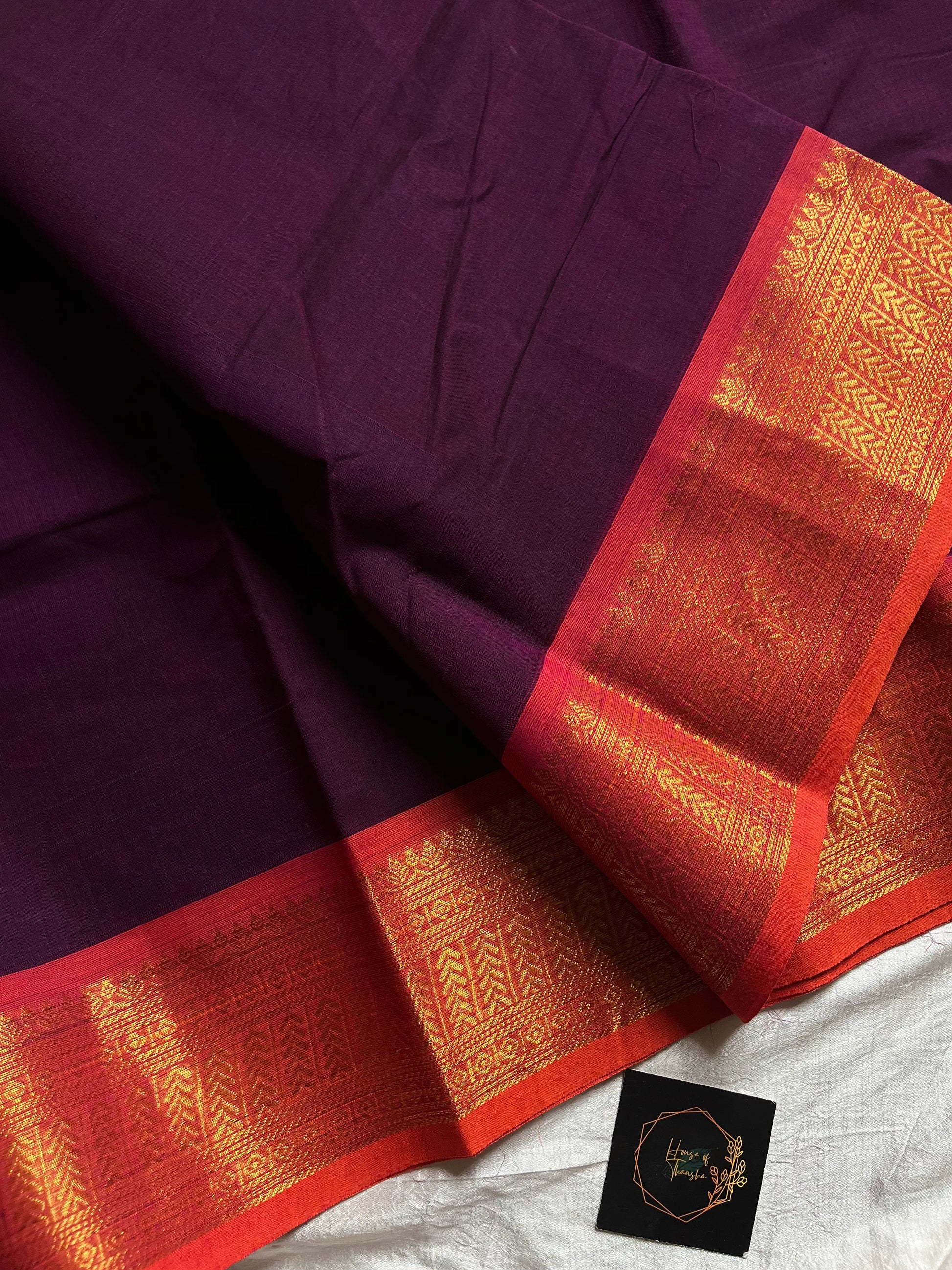 Dark Purple Chettinadu Cotton Saree with Orange Zari Border – House of Thansha