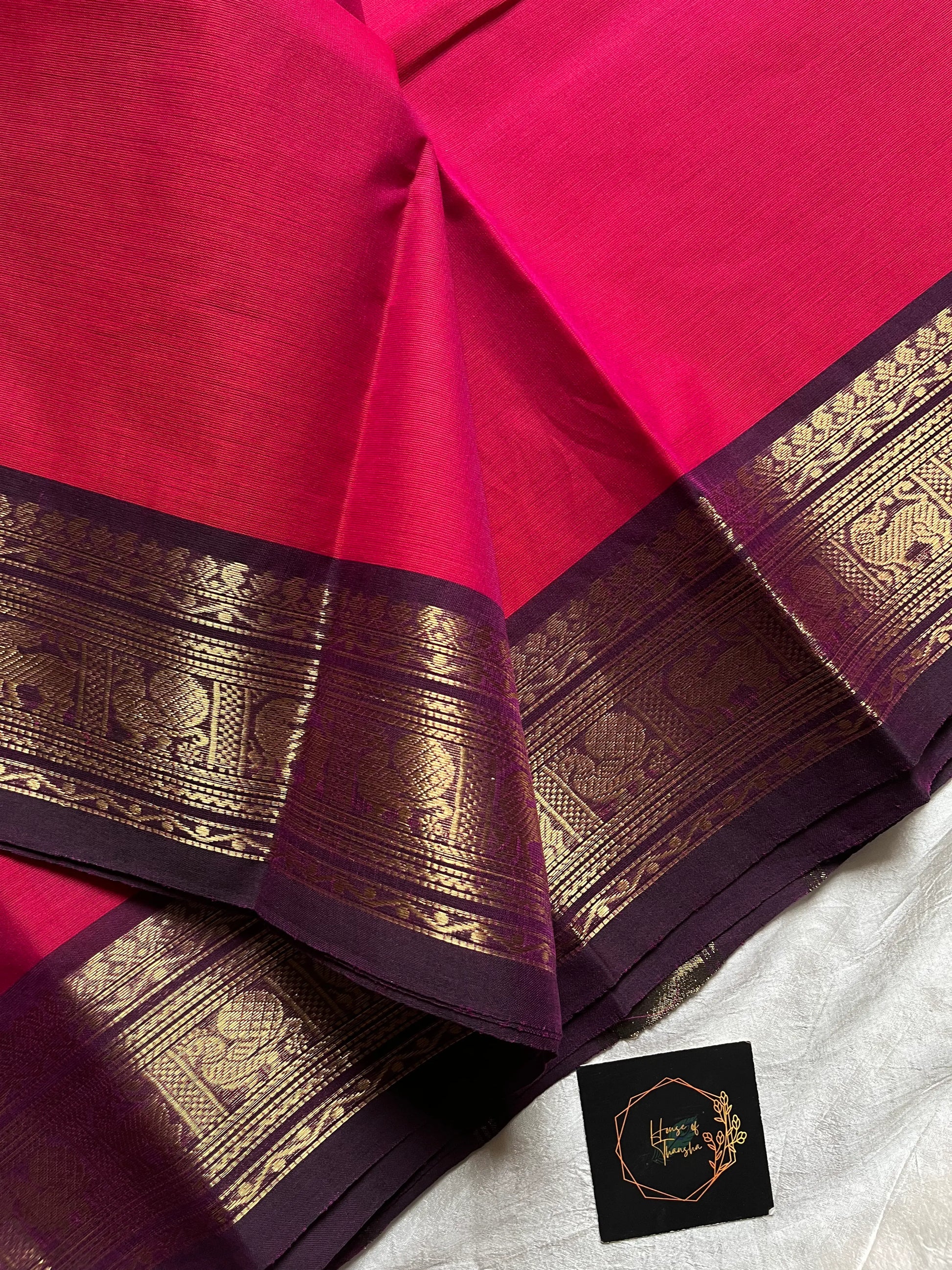 Pink Chettinadu Cotton Saree with Pinkish Brown Zari Border – House of Thansha