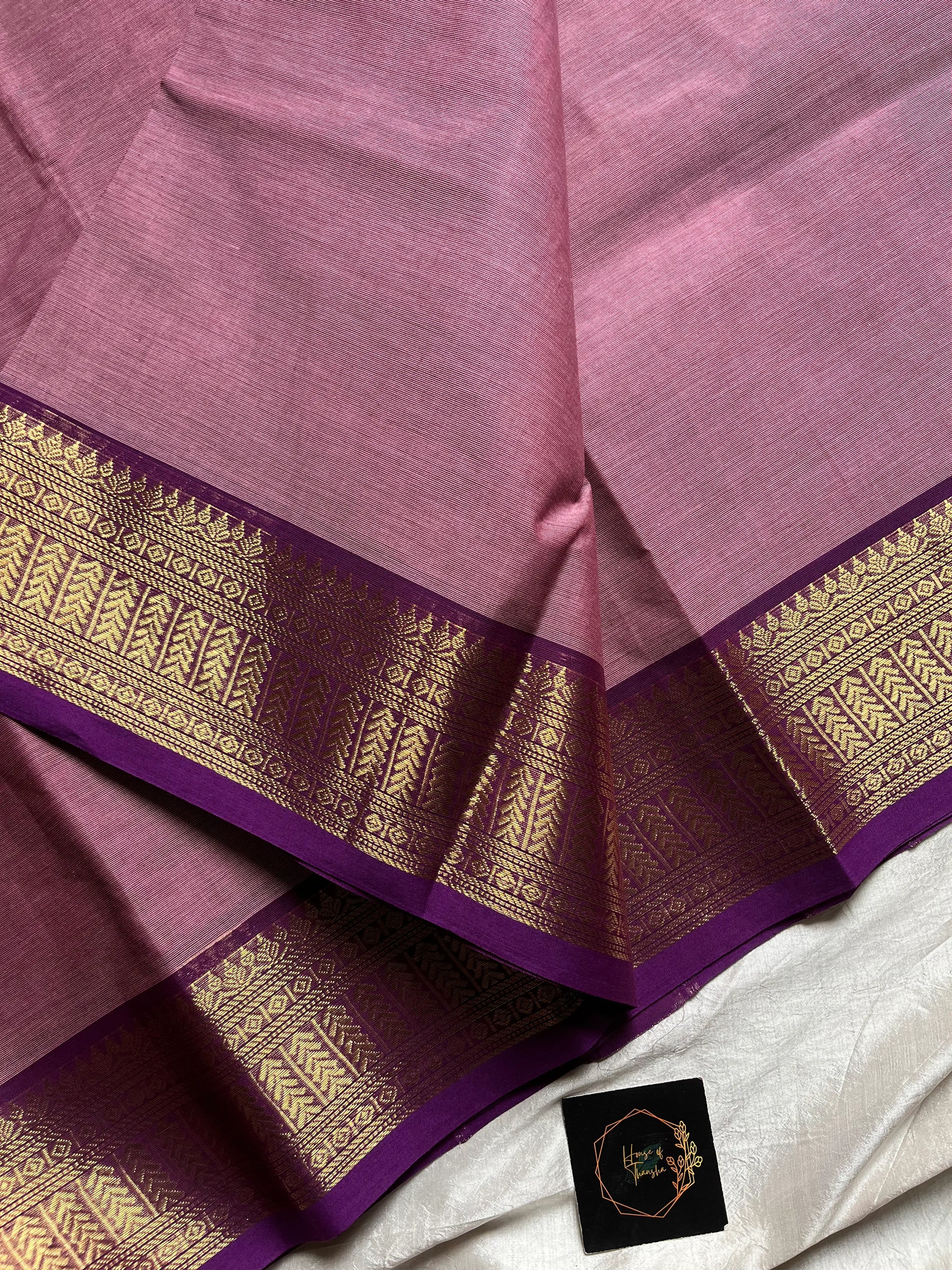 Pastel Lavender Chettinadu Cotton Saree with Dark Magenta Zari Border – House of Thansha