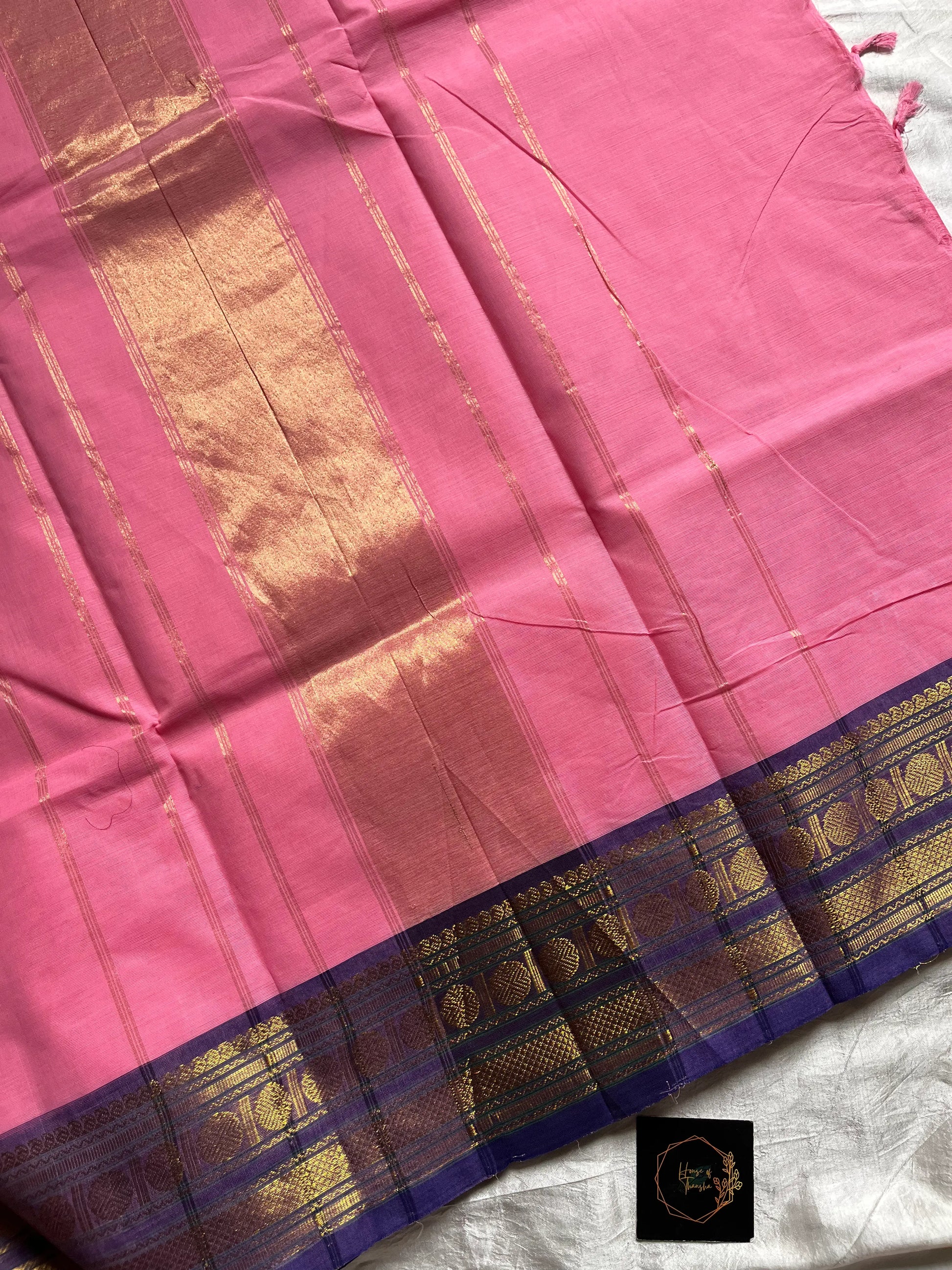 Rose Pink Chettinadu Cotton Saree with Violet Zari Border – House of Thansha