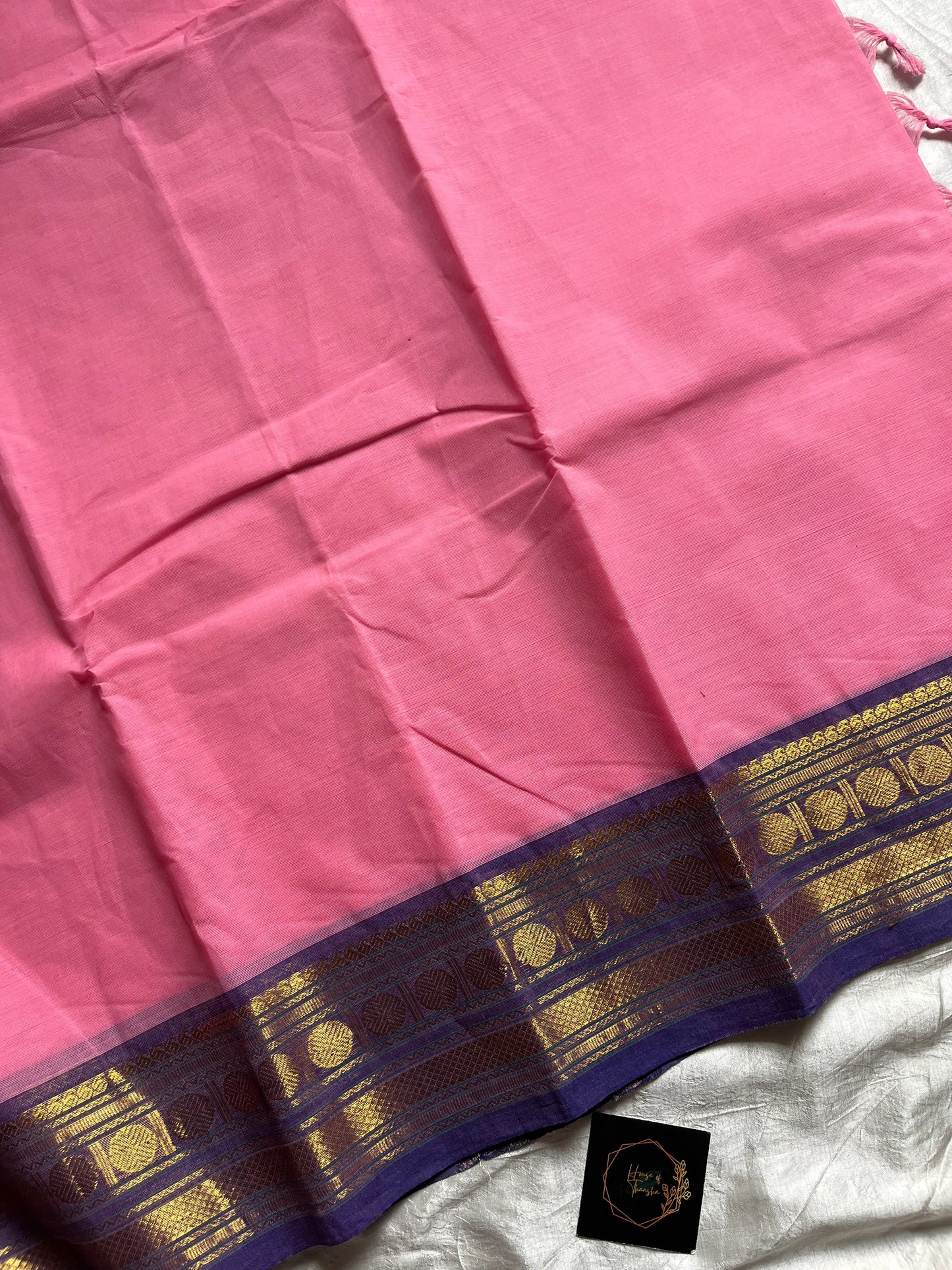 Rose Pink Chettinadu Cotton Saree with Violet Zari Border – House of Thansha