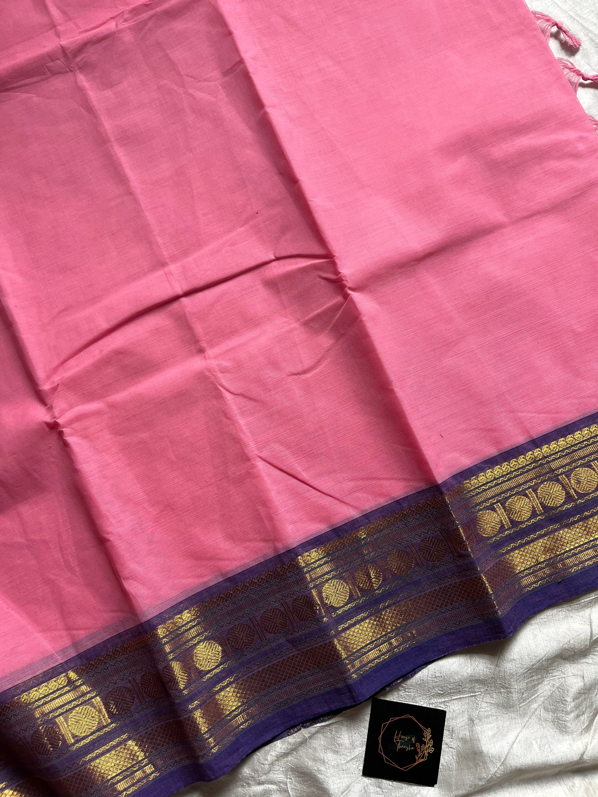 Rose Pink Chettinadu Cotton Saree with Violet Zari Border – House of Thansha
