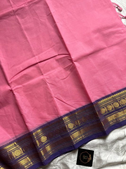 Rose Pink Chettinadu Cotton Saree with Violet Zari Border – House of Thansha