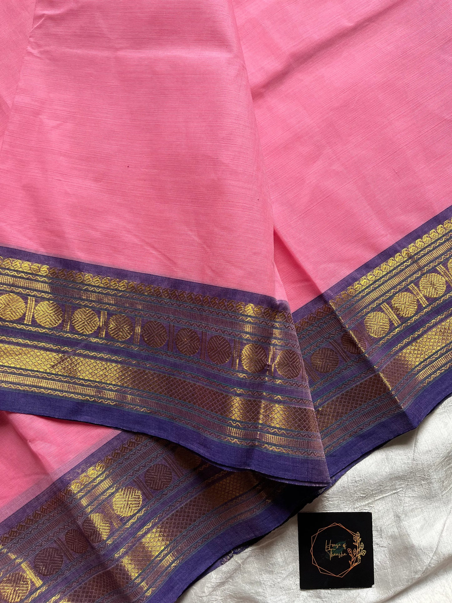 Rose Pink Chettinadu Cotton Saree with Violet Zari Border – House of Thansha
