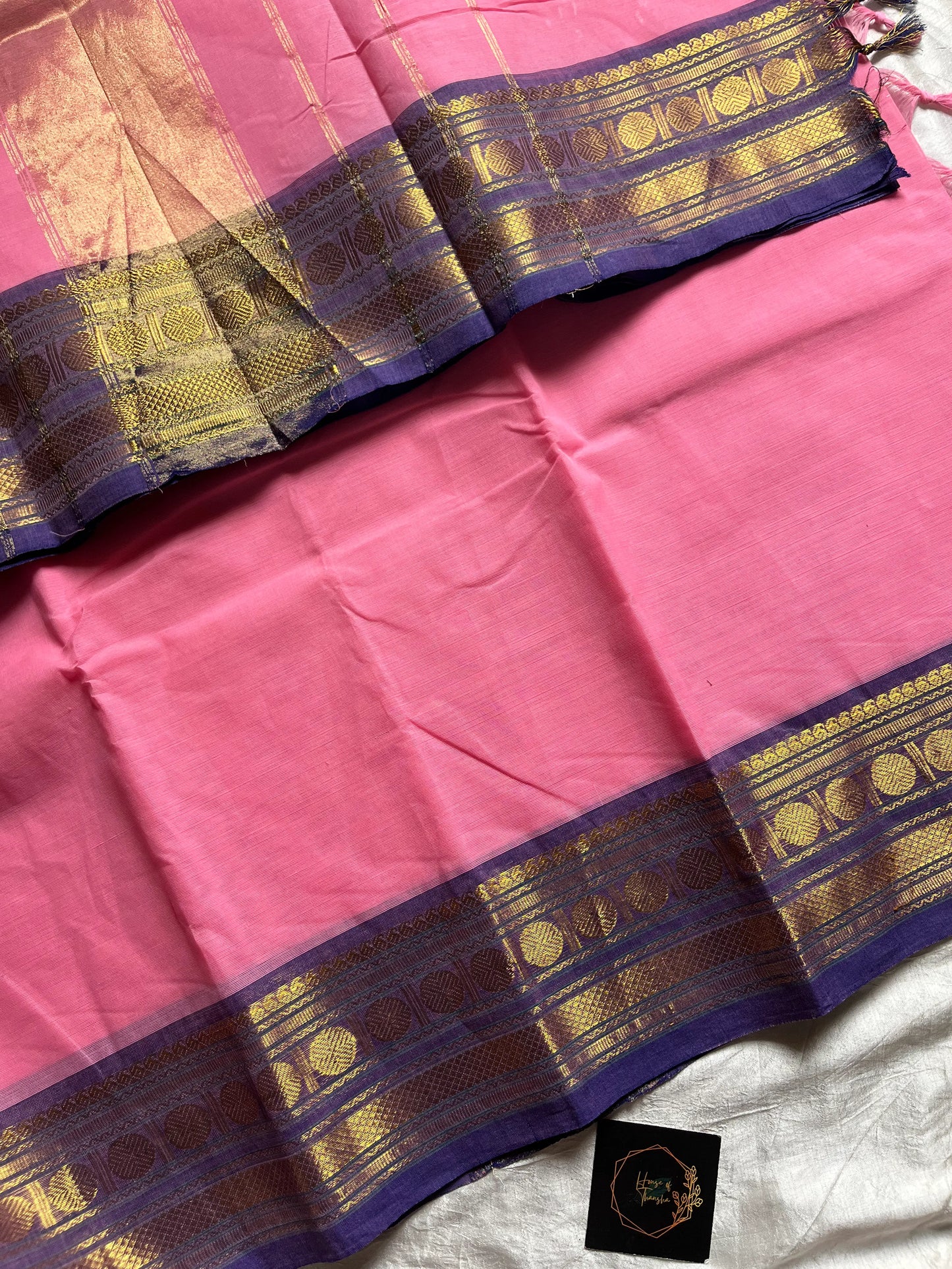 Rose Pink Chettinadu Cotton Saree with Violet Zari Border – House of Thansha
