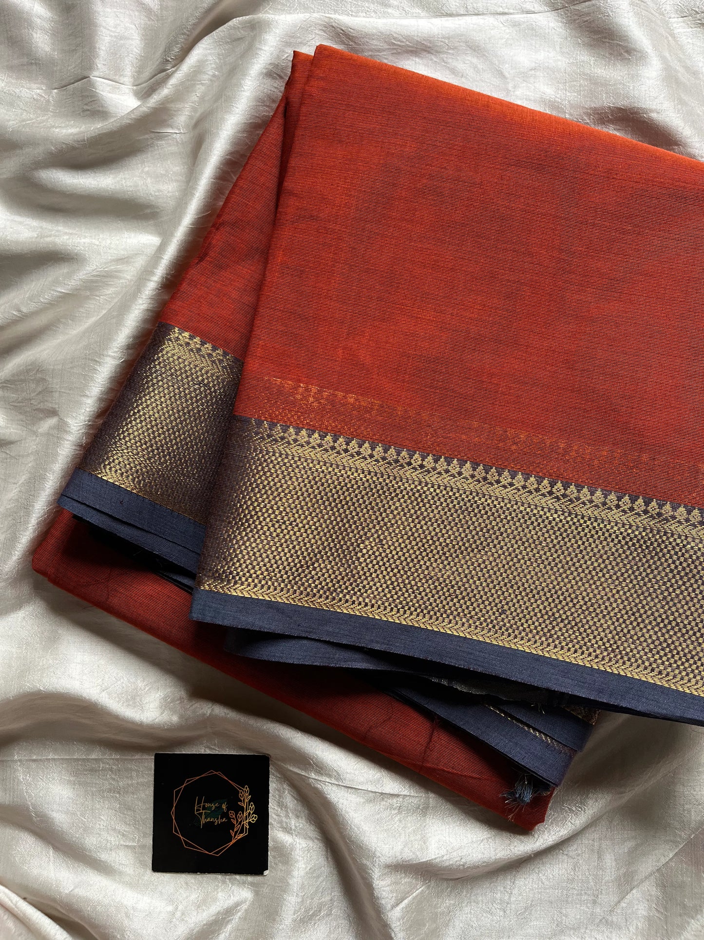 Rust Orange Chettinadu Cotton Saree with Blue Zari Border – House of Thansha