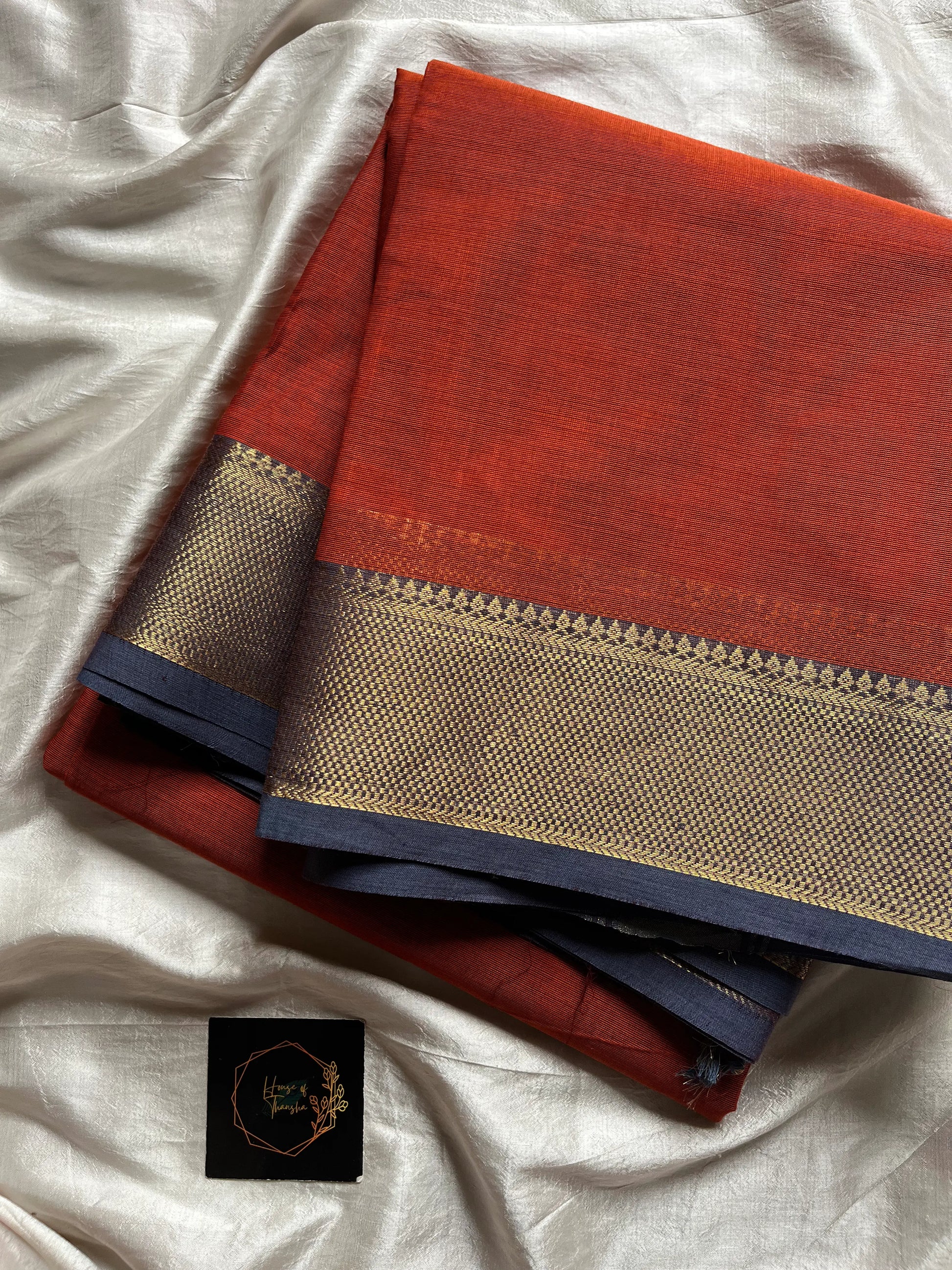 Rust Orange Chettinadu Cotton Saree with Blue Zari Border – House of Thansha