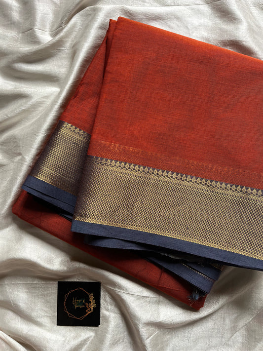 Rust Orange Chettinadu Cotton Saree with Blue Zari Border – House of Thansha