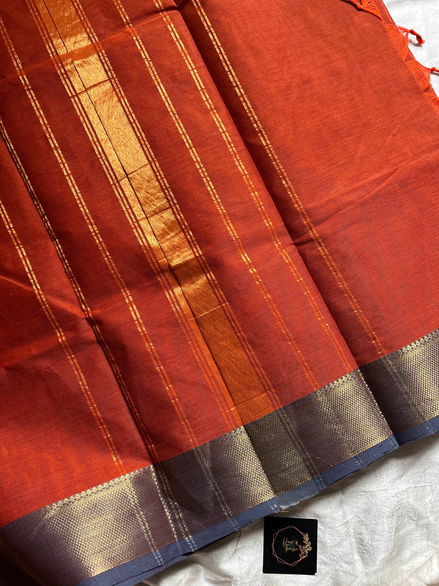 Rust Orange Chettinadu Cotton Saree with Blue Zari Border – House of Thansha