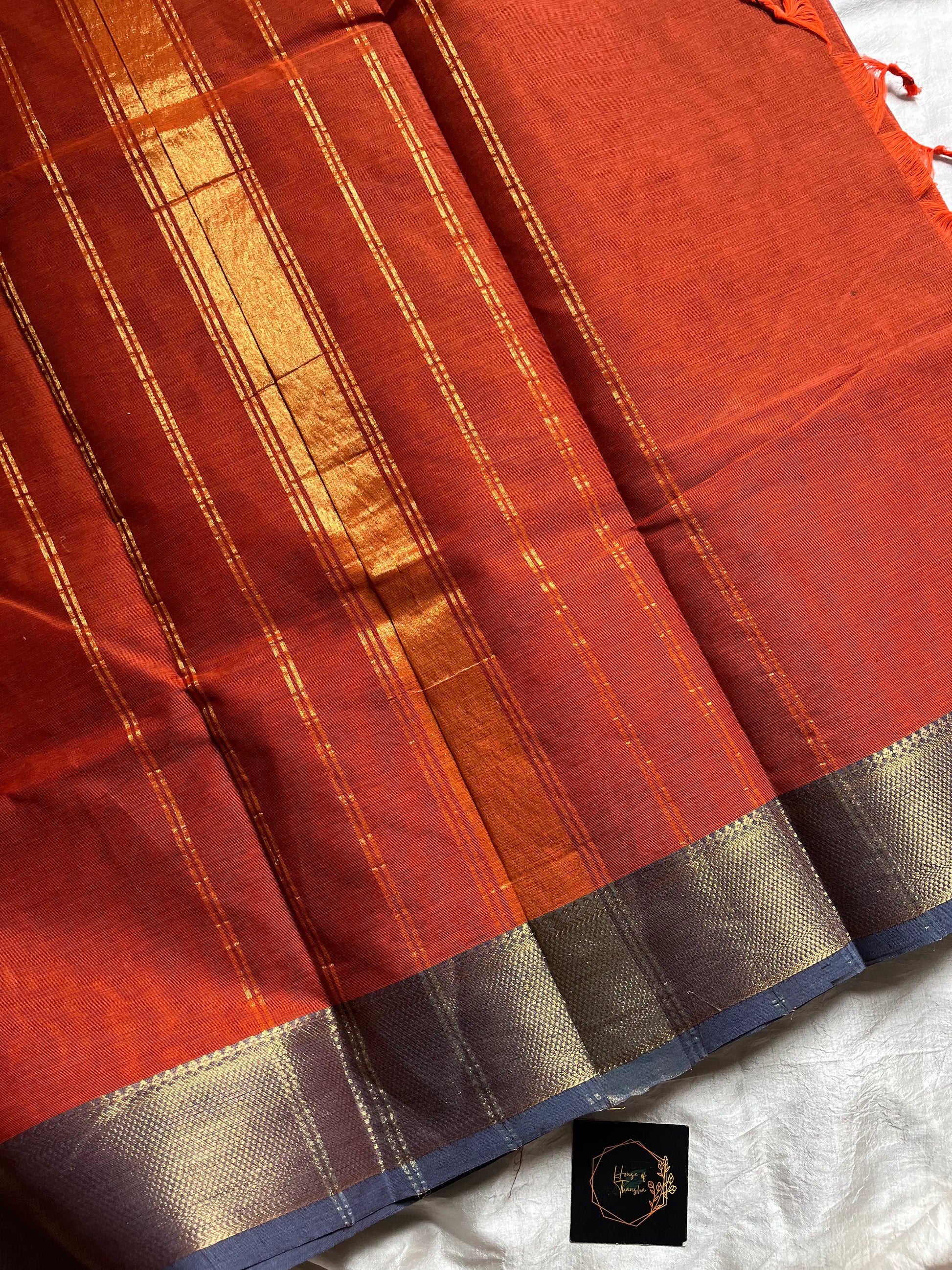 Rust Orange Chettinadu Cotton Saree with Blue Zari Border – House of Thansha
