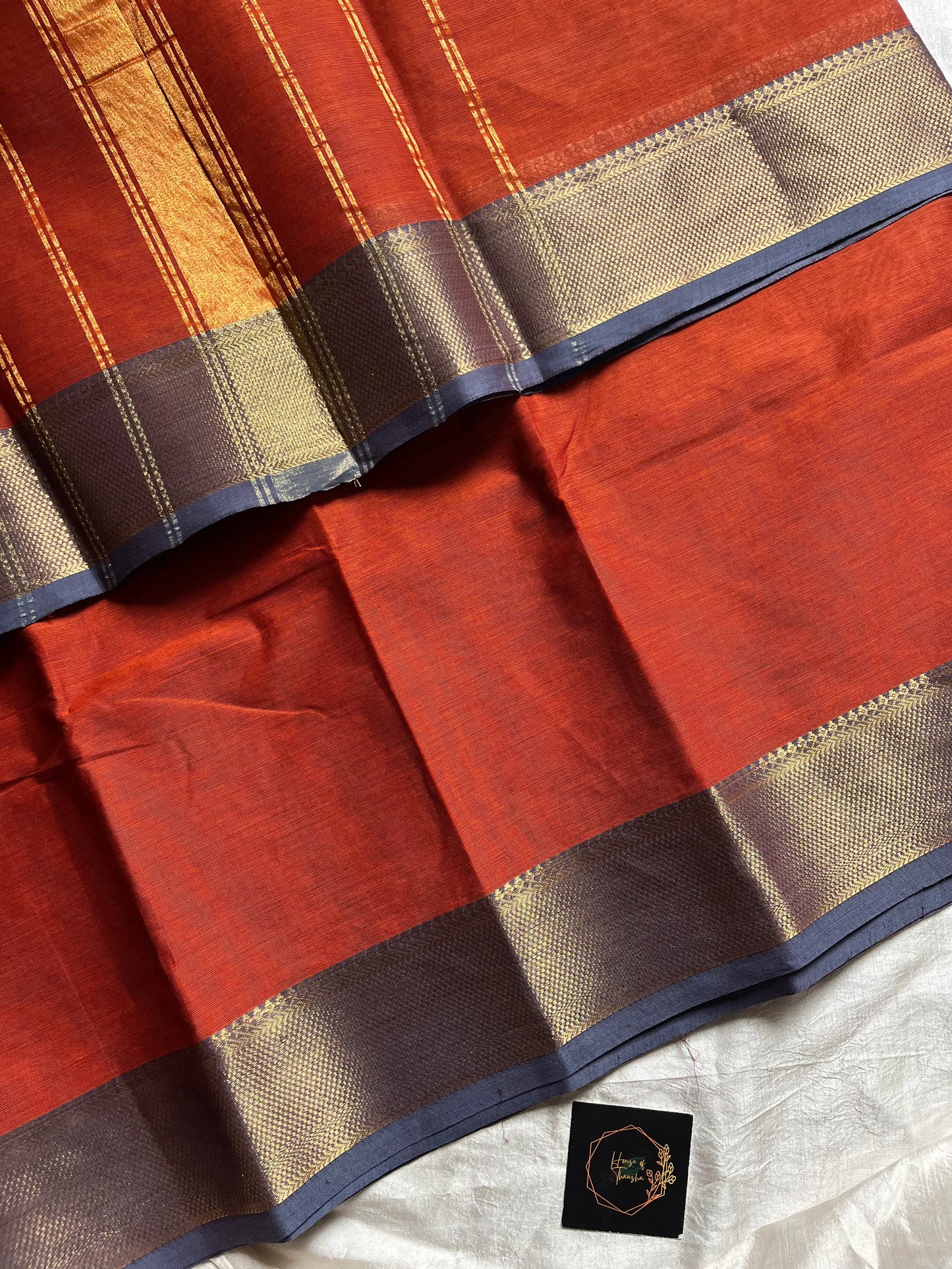 Rust Orange Chettinadu Cotton Saree with Blue Zari Border – House of Thansha