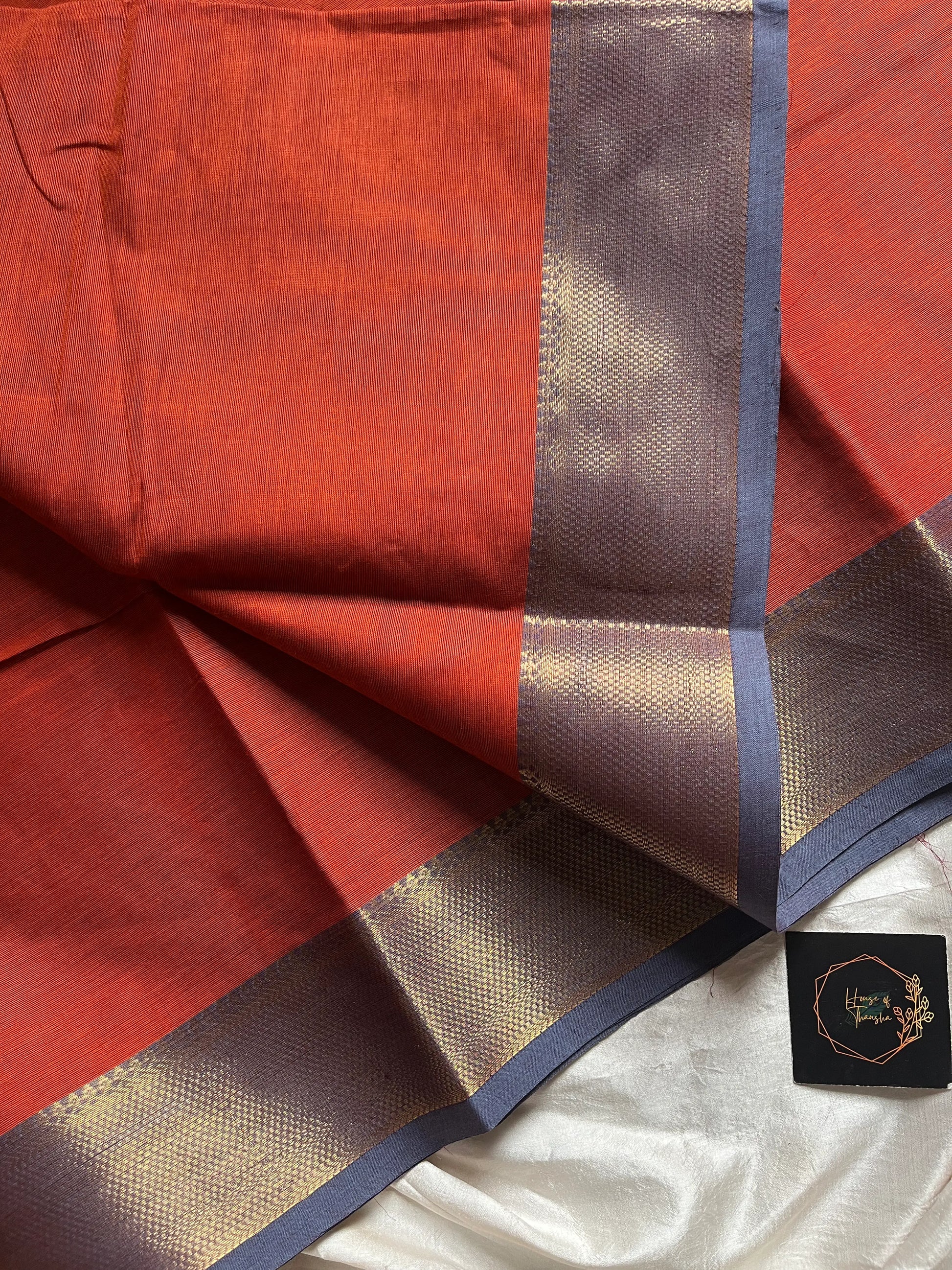 Rust Orange Chettinadu Cotton Saree with Blue Zari Border – House of Thansha