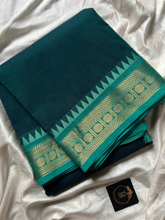 Peacock Tone Chettinadu Cotton Saree with Vibrant Blue Zari Border – House of Thansha