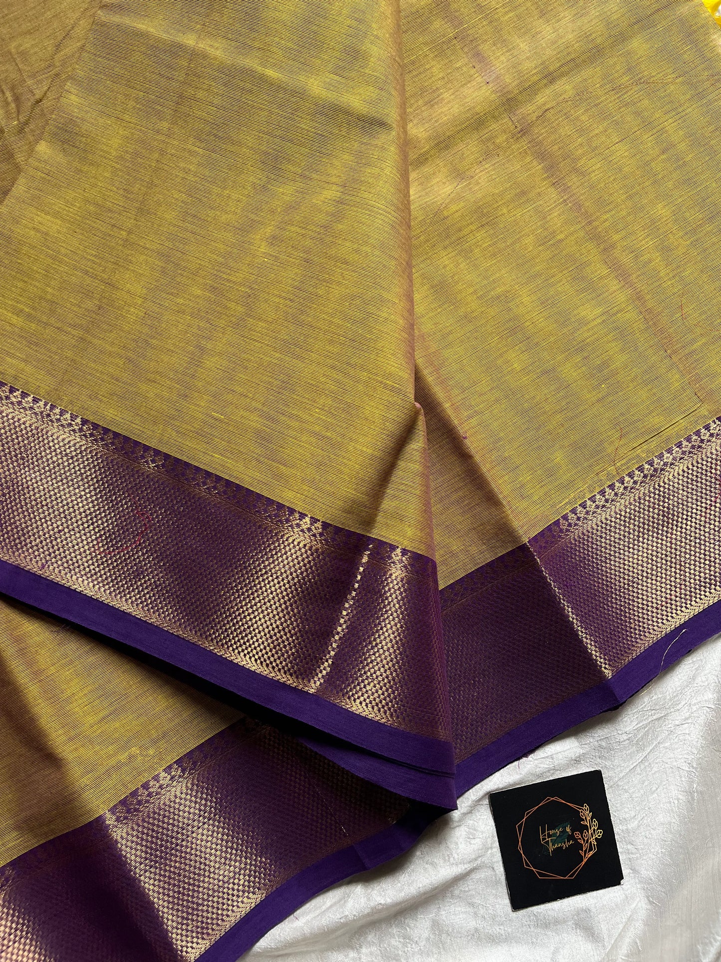 Pastel Green Chettinadu Cotton Saree with Violet Zari Border – House of Thansha