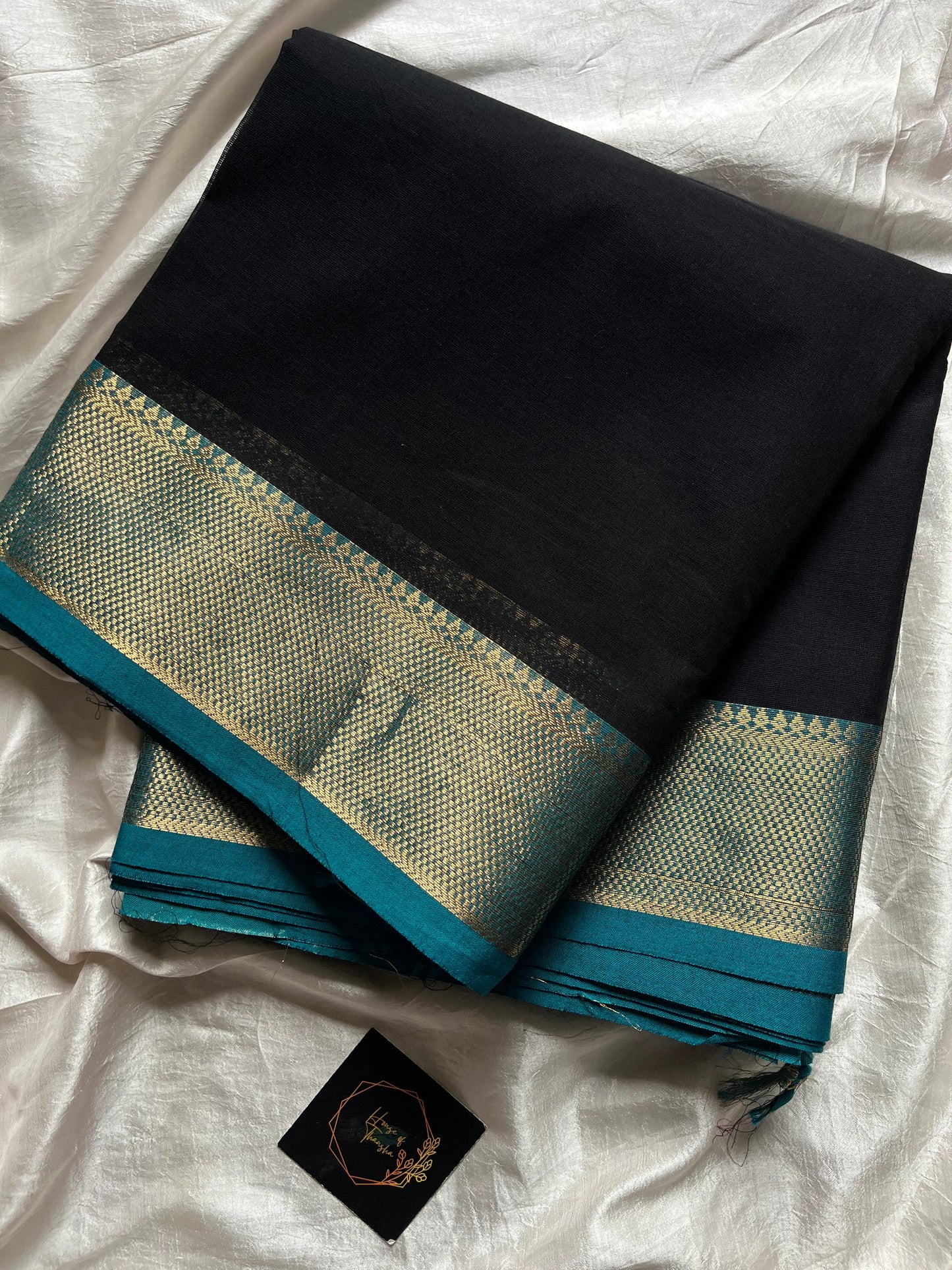 Black Chettinadu Cotton Saree with Blue Zari Border – House of Thansha