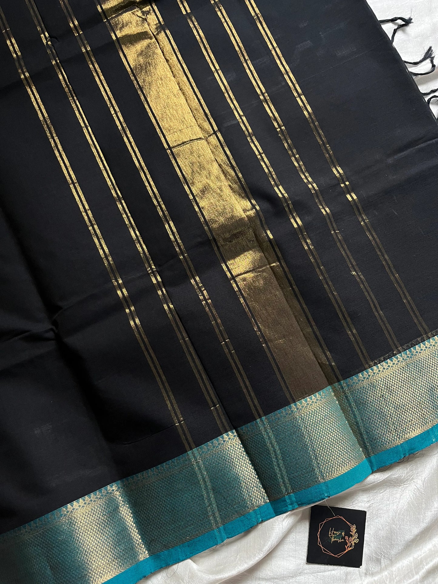 Black Chettinadu Cotton Saree with Blue Zari Border – House of Thansha