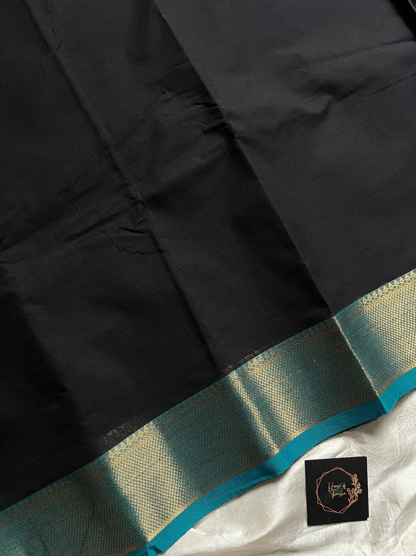Black Chettinadu Cotton Saree with Blue Zari Border – House of Thansha