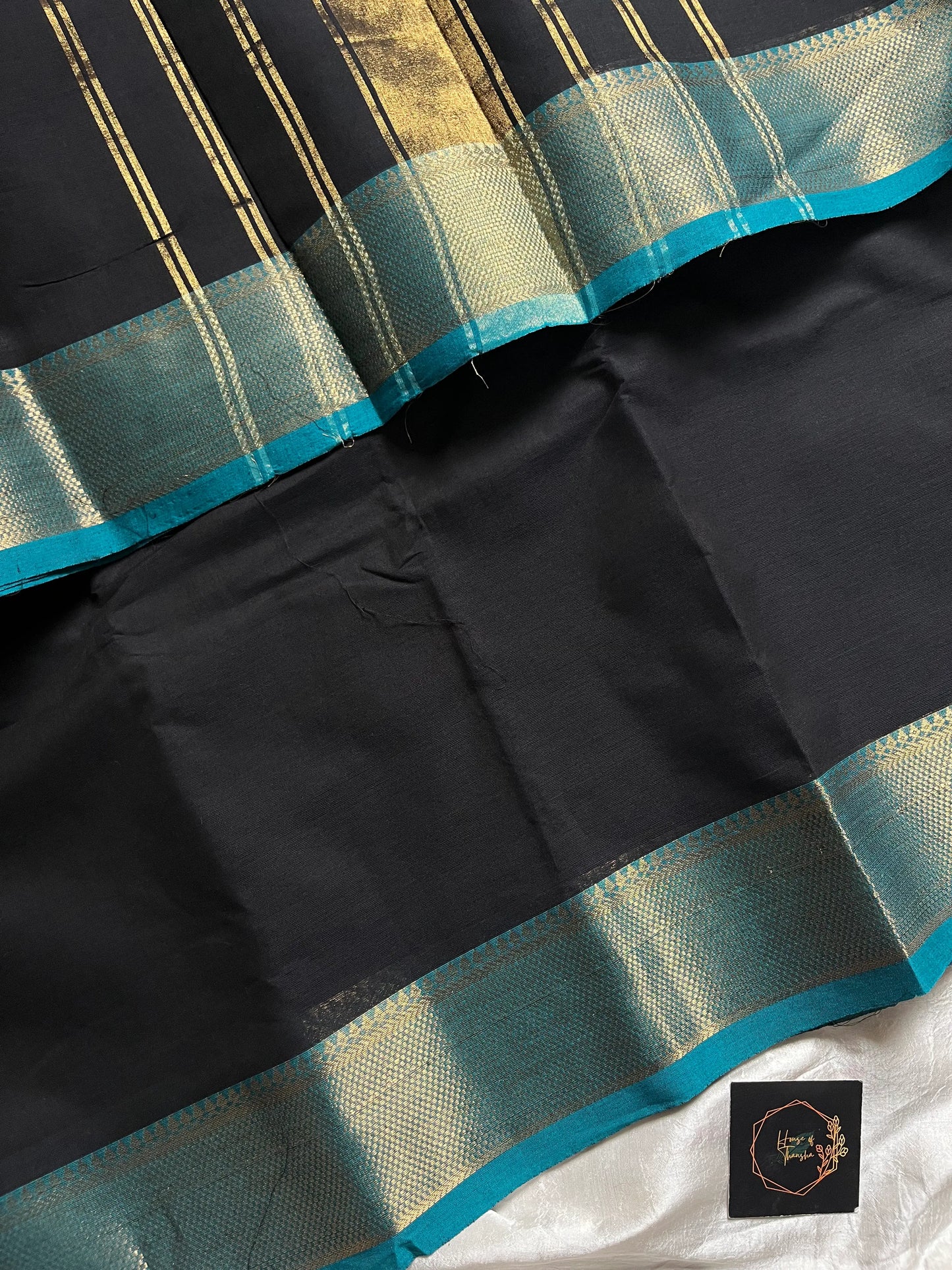 Black Chettinadu Cotton Saree with Blue Zari Border – House of Thansha
