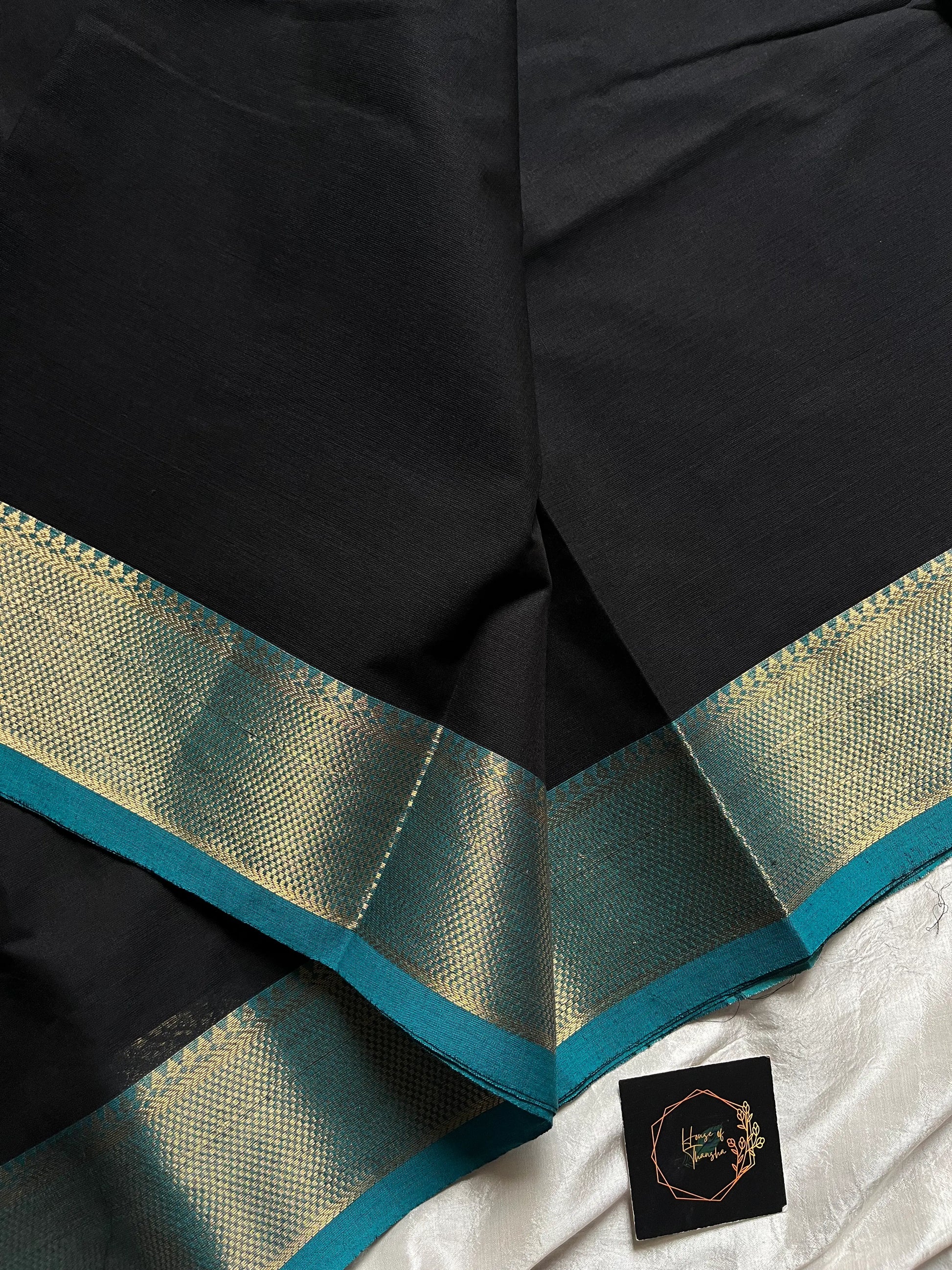 Black Chettinadu Cotton Saree with Blue Zari Border – House of Thansha