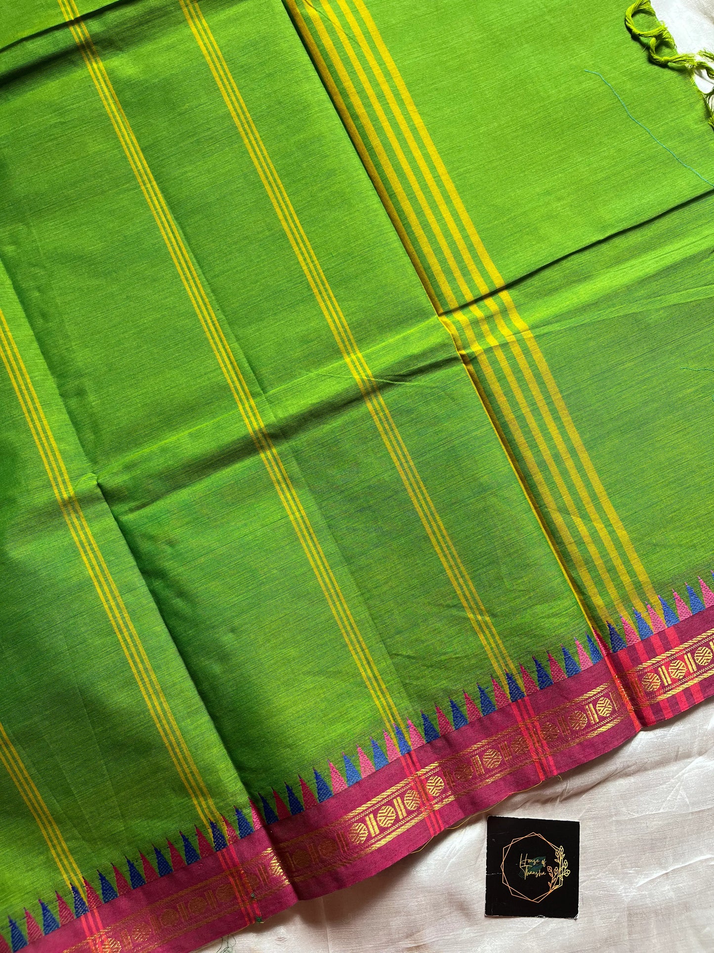Subtle Weaves Green Kanchi Cotton Saree with small border and delicate woven detailing – House of Thansha