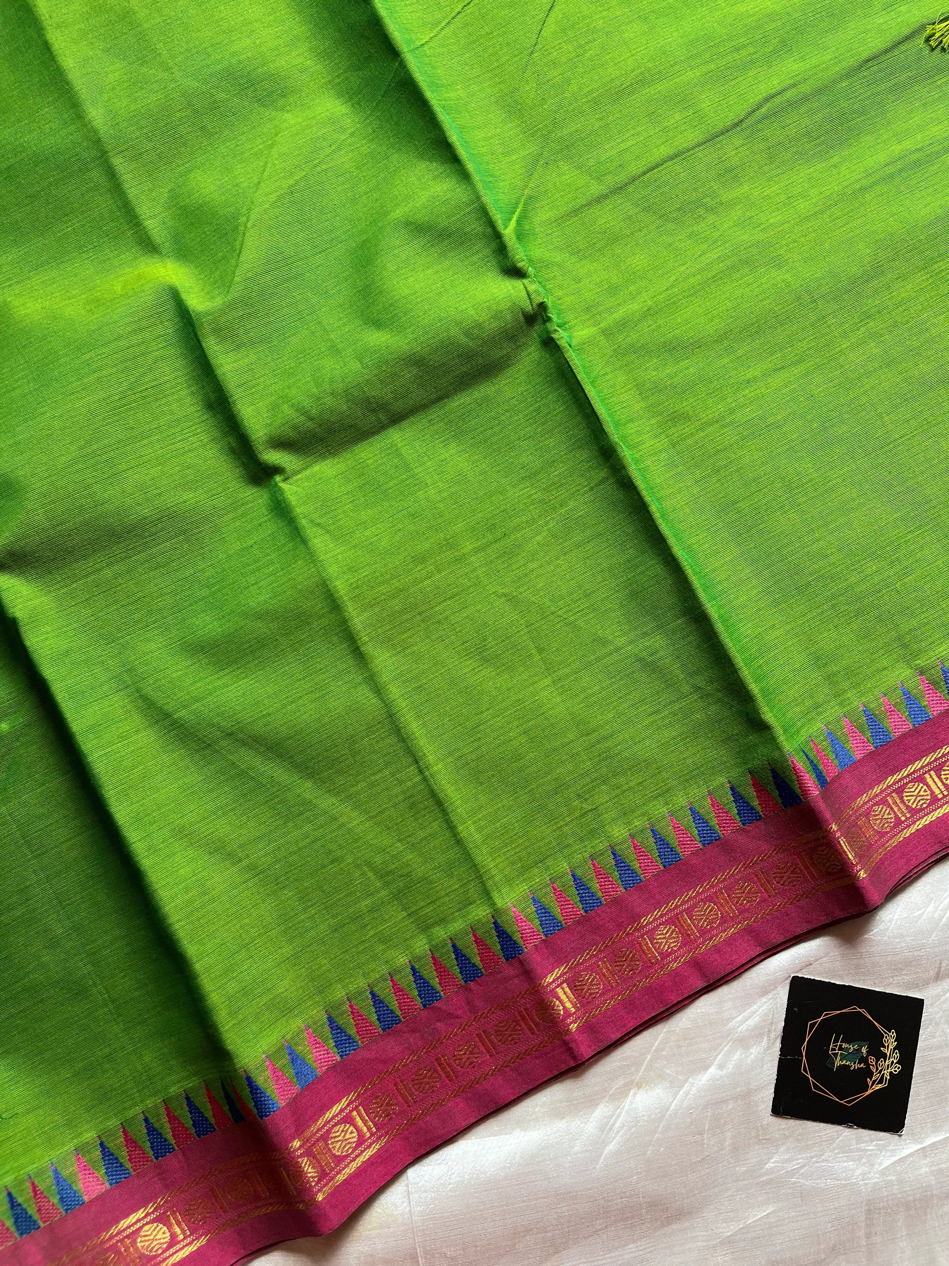 Subtle Weaves Green Kanchi Cotton Saree with small border and delicate woven detailing – House of Thansha