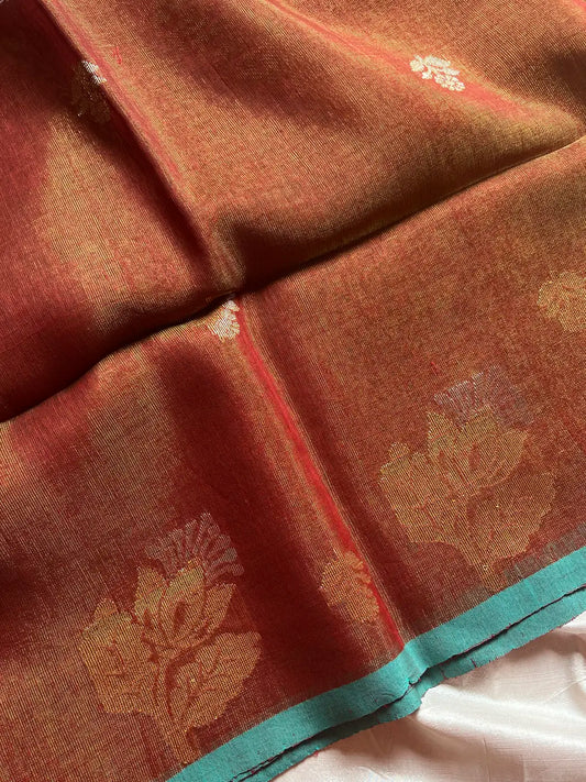 Handloom Linen Tissue Saree - Rust