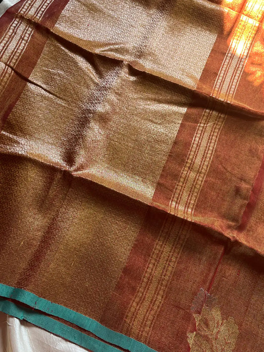 Handloom Linen Tissue Saree - Rust