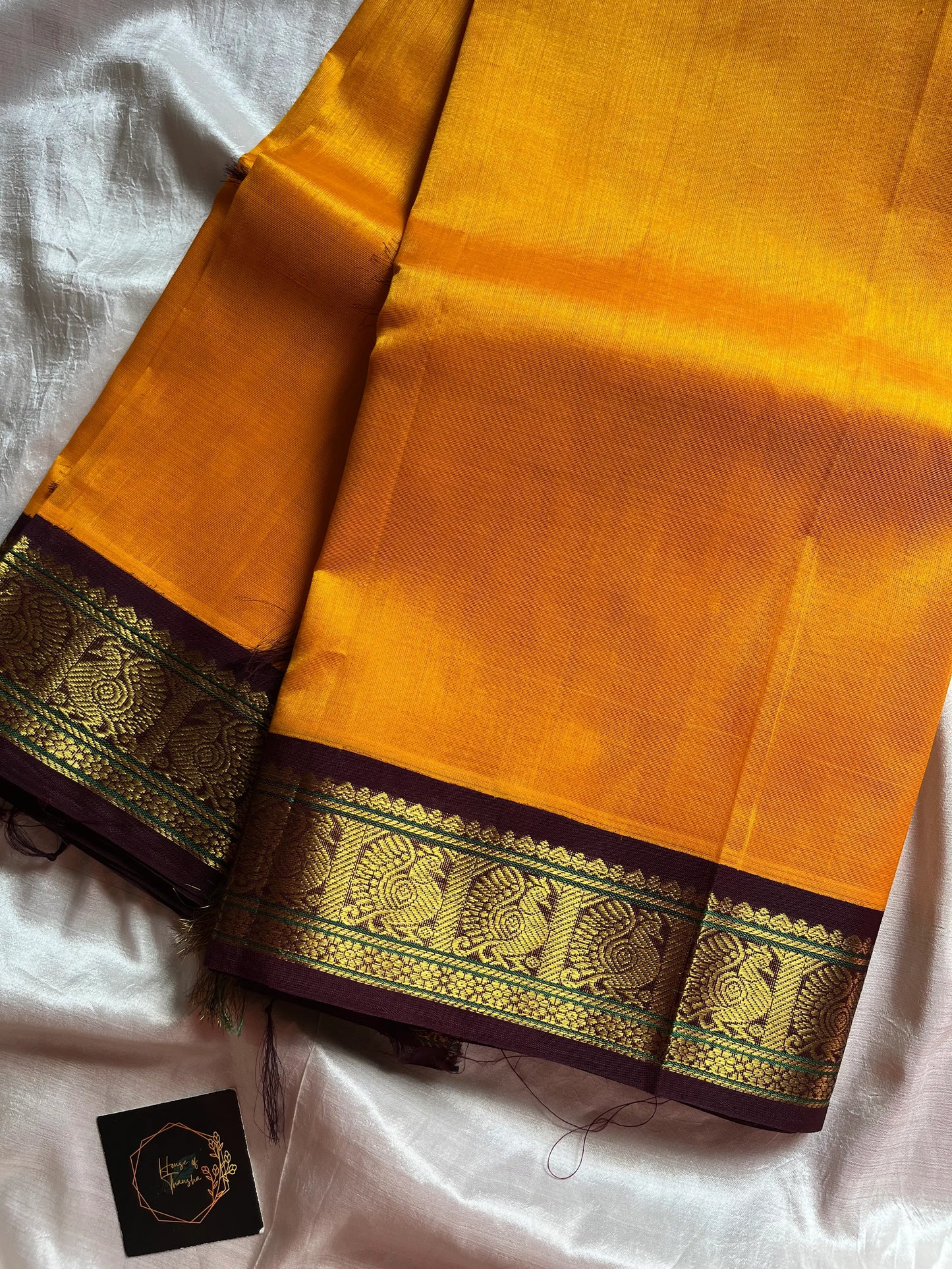 Mango Yellow Korvai Kanchivaram Silk Cotton Saree with Brown Zari Border – Pattu Nool Edit by House of Thansha