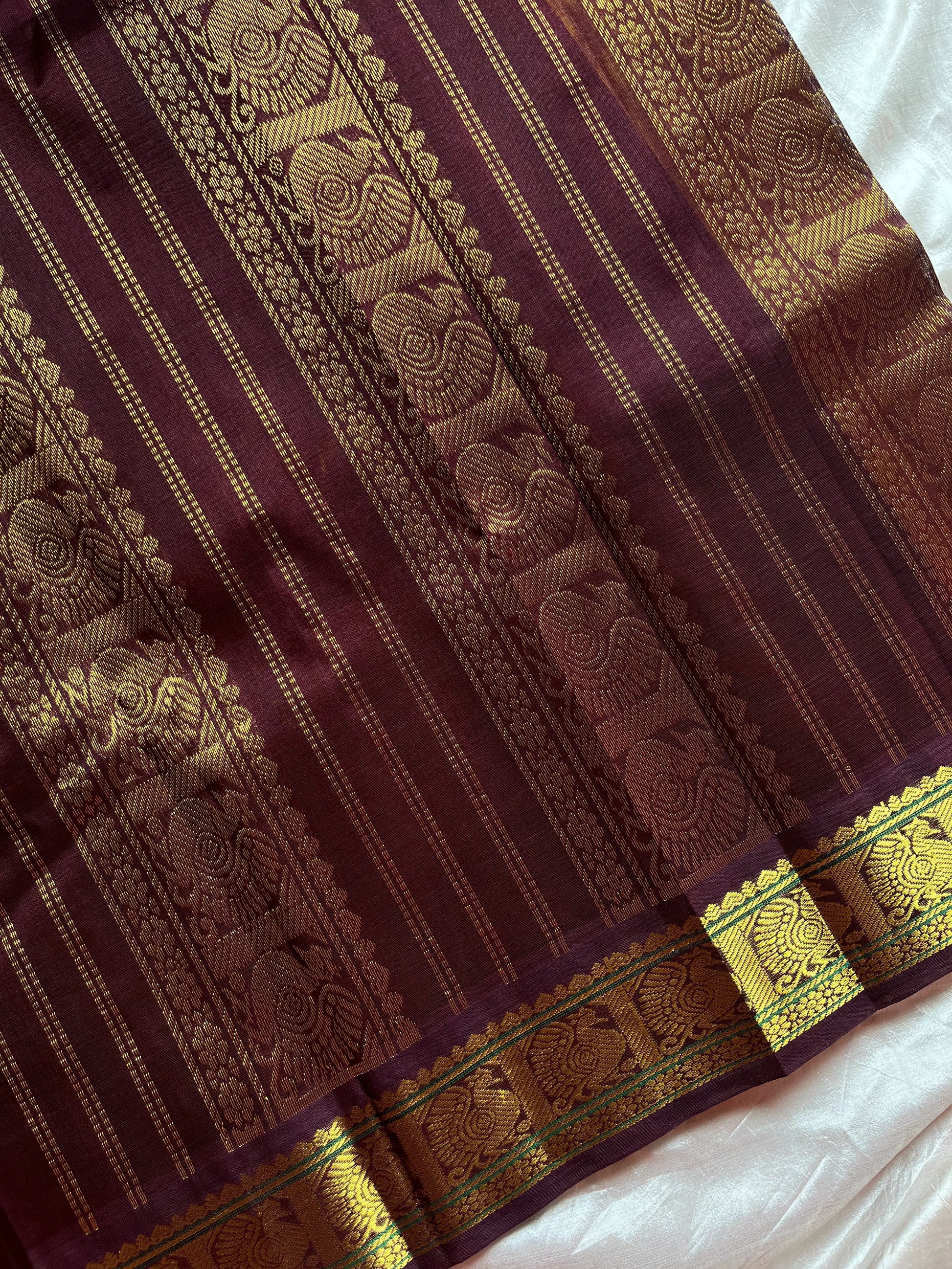 Mango Yellow Korvai Kanchivaram Silk Cotton Saree with Brown Zari Border – Pattu Nool Edit by House of Thansha