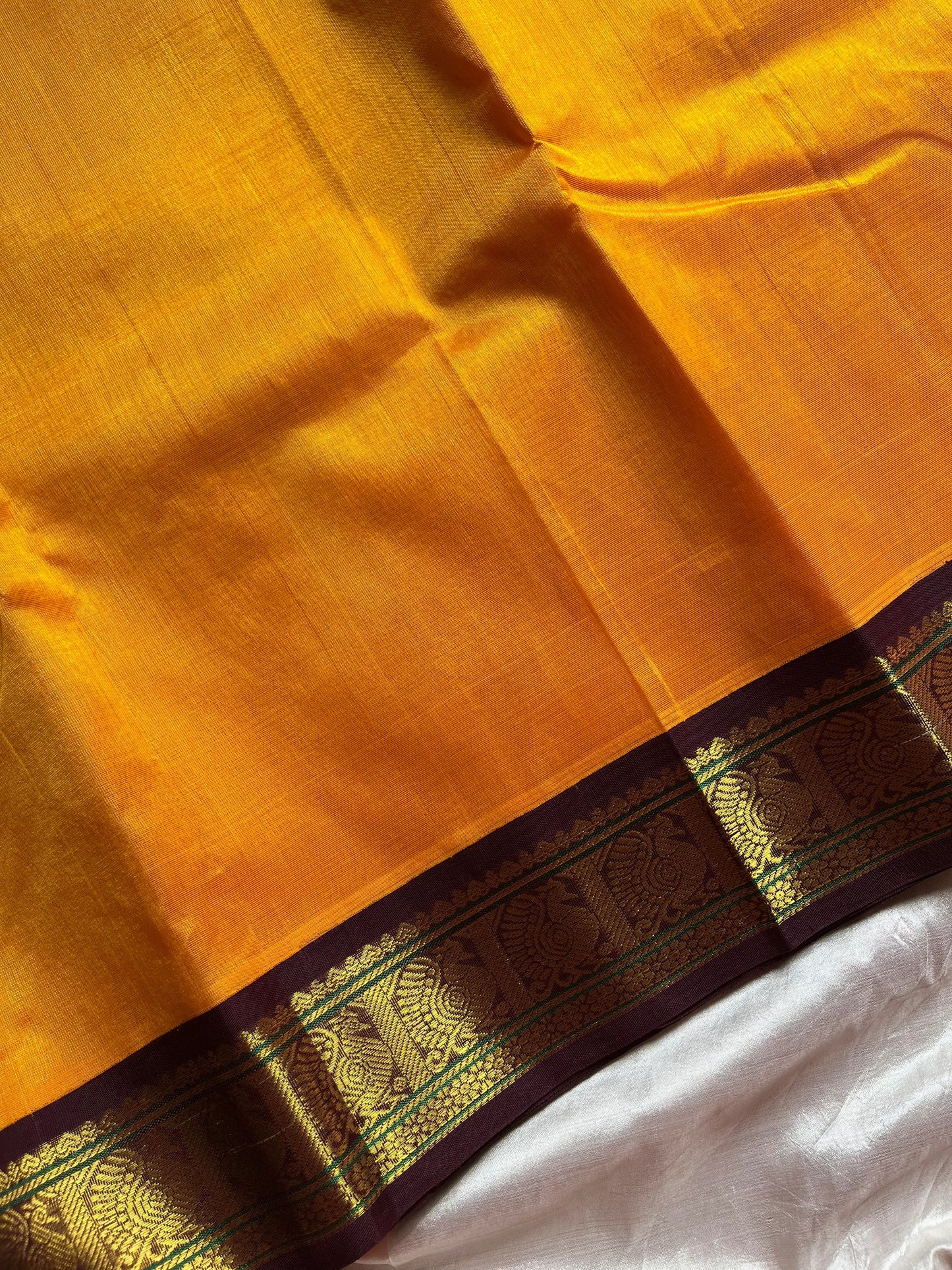 Mango Yellow Korvai Kanchivaram Silk Cotton Saree with Brown Zari Border – Pattu Nool Edit by House of Thansha