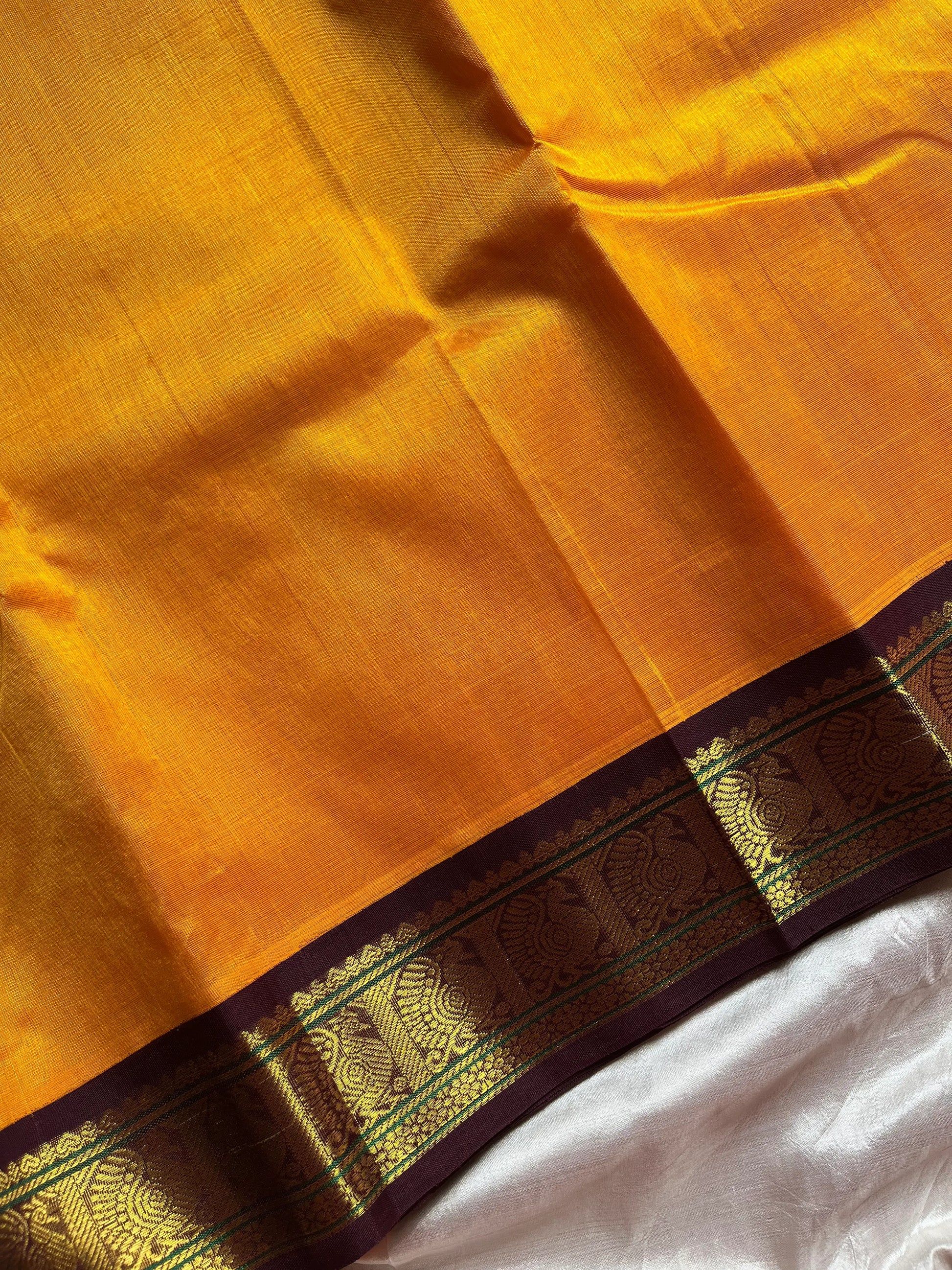 Mango Yellow Korvai Kanchivaram Silk Cotton Saree with Brown Zari Border – Pattu Nool Edit by House of Thansha