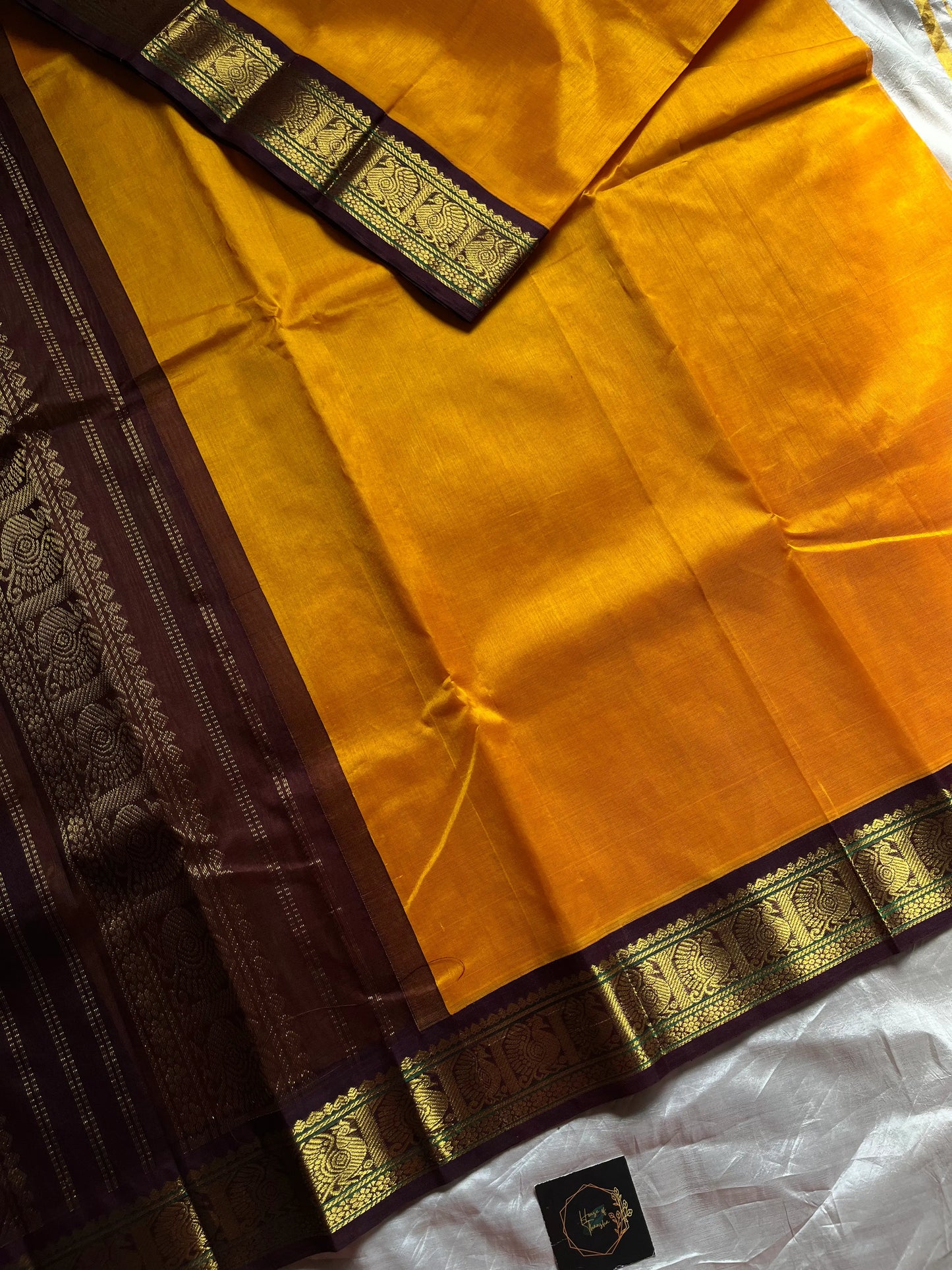 Mango Yellow Korvai Kanchivaram Silk Cotton Saree with Brown Zari Border – Pattu Nool Edit by House of Thansha