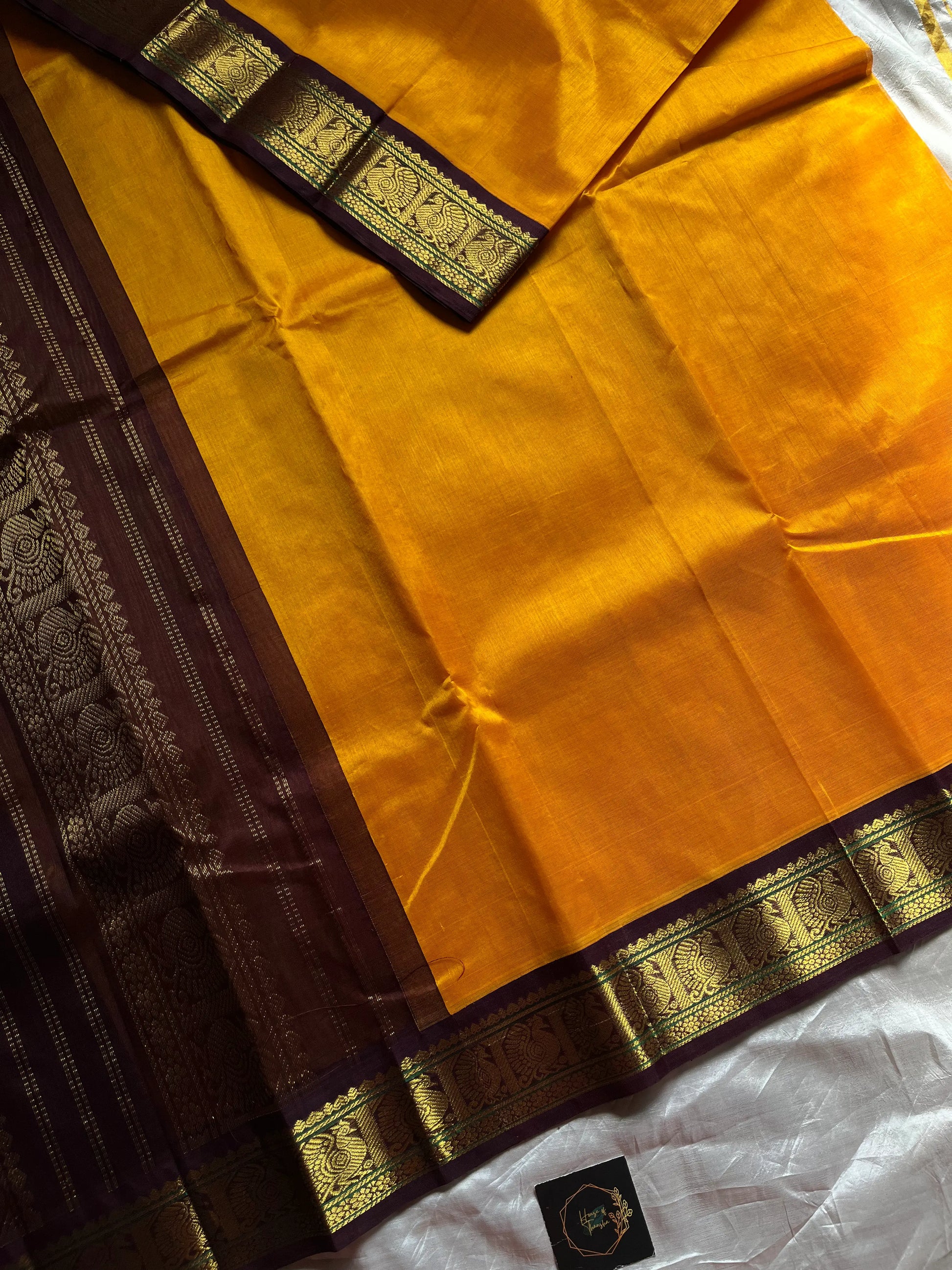 Mango Yellow Korvai Kanchivaram Silk Cotton Saree with Brown Zari Border – Pattu Nool Edit by House of Thansha