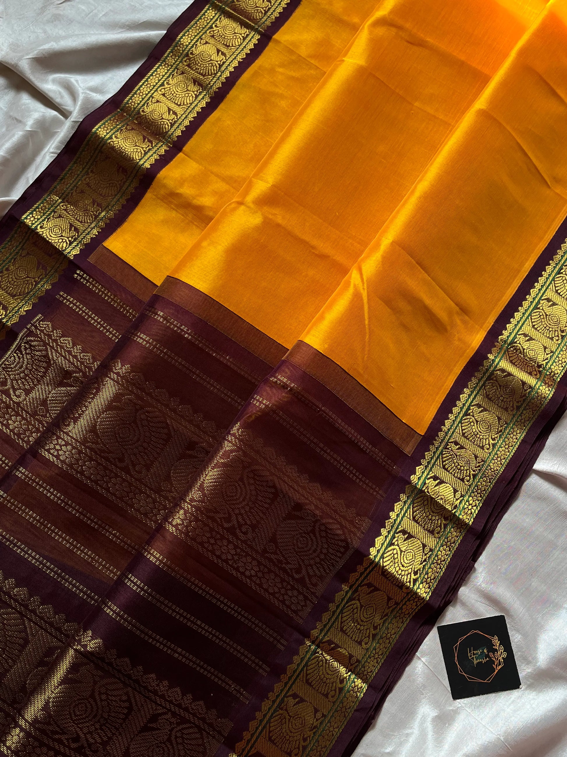 Mango Yellow Korvai Kanchivaram Silk Cotton Saree with Brown Zari Border – Pattu Nool Edit by House of Thansha