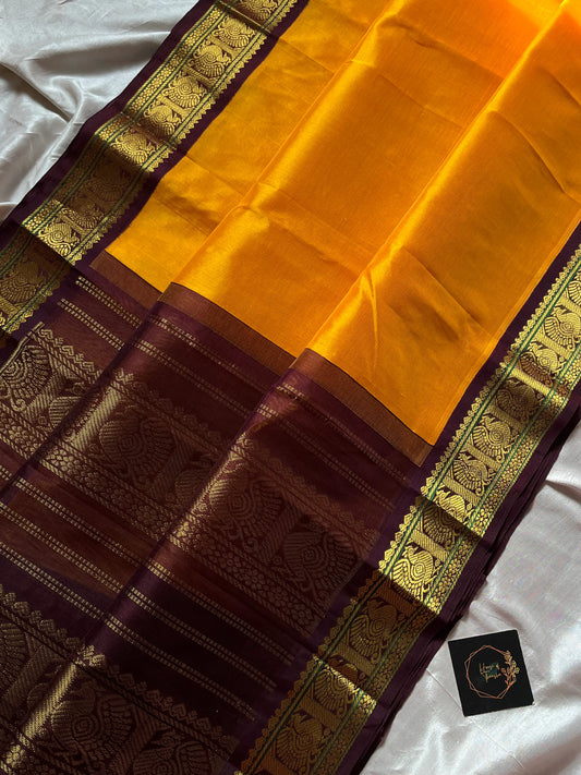 Mango Yellow Korvai Kanchivaram Silk Cotton Saree with Brown Zari Border – Pattu Nool Edit by House of Thansha