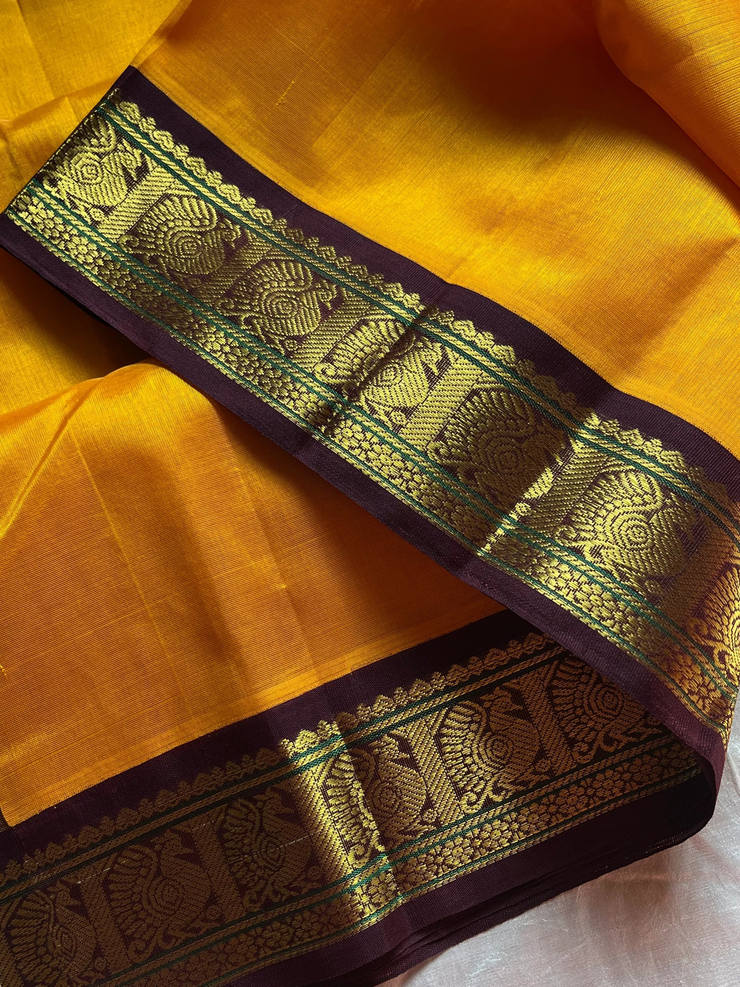 Mango Yellow Korvai Kanchivaram Silk Cotton Saree with Brown Zari Border – Pattu Nool Edit by House of Thansha