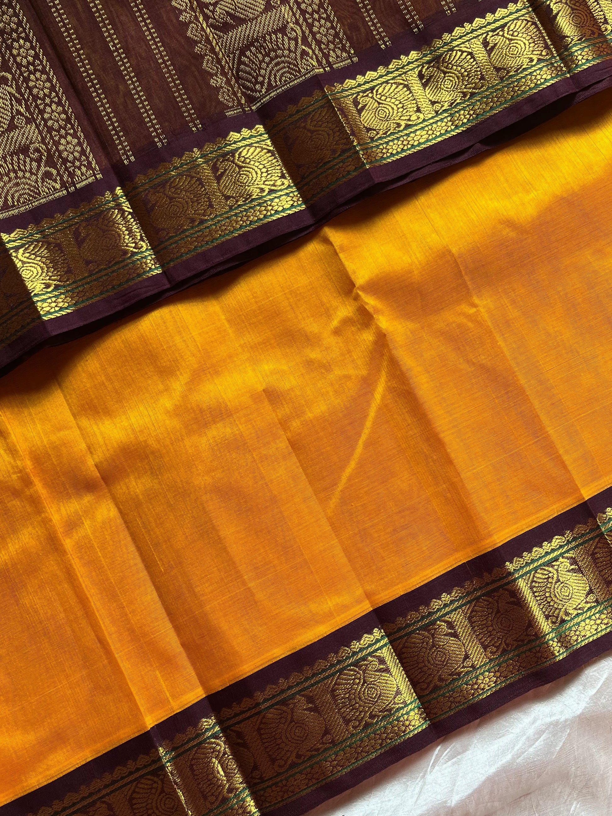 Mango Yellow Korvai Kanchivaram Silk Cotton Saree with Brown Zari Border – Pattu Nool Edit by House of Thansha