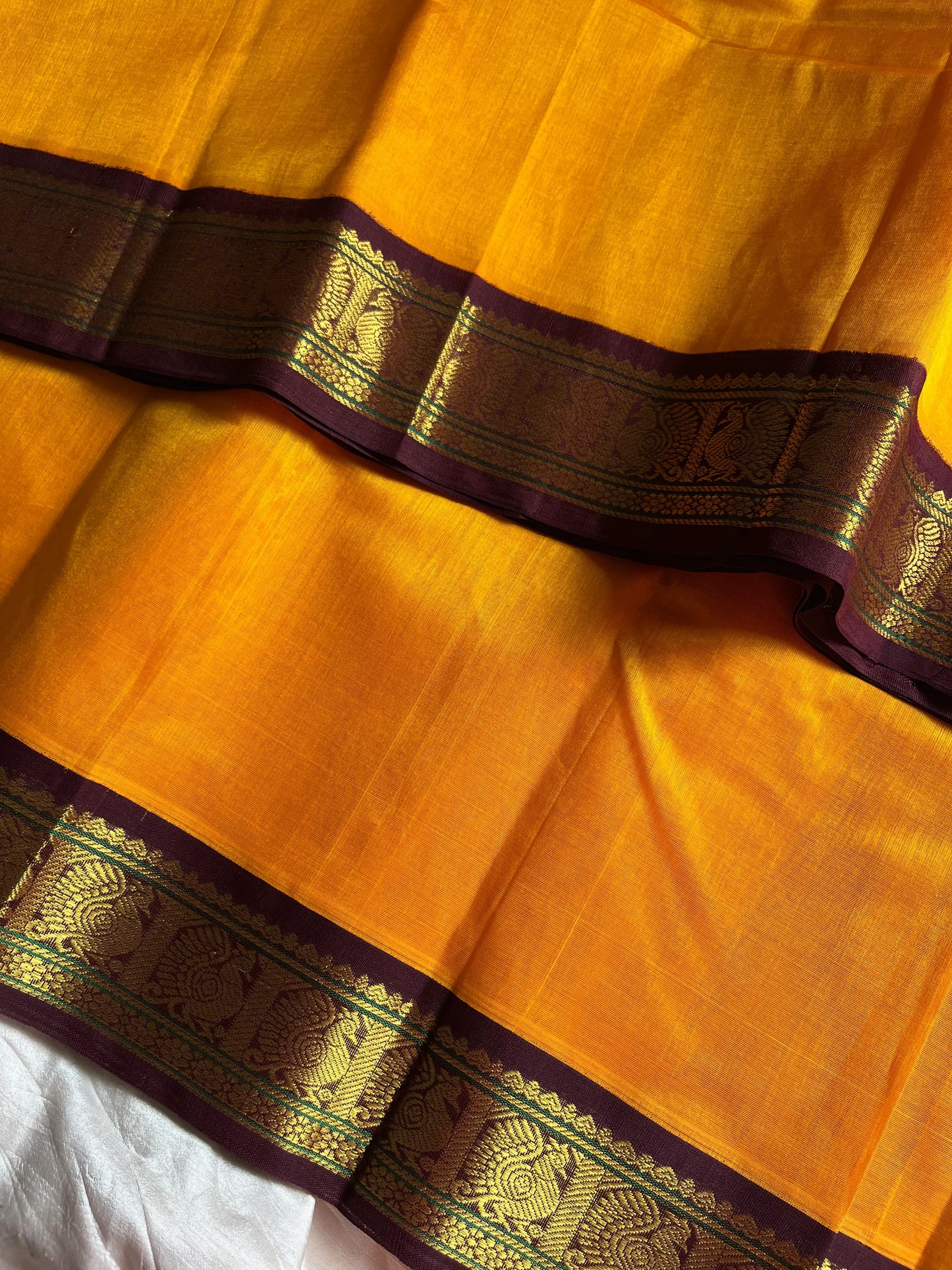 Mango Yellow Korvai Kanchivaram Silk Cotton Saree with Brown Zari Border – Pattu Nool Edit by House of Thansha