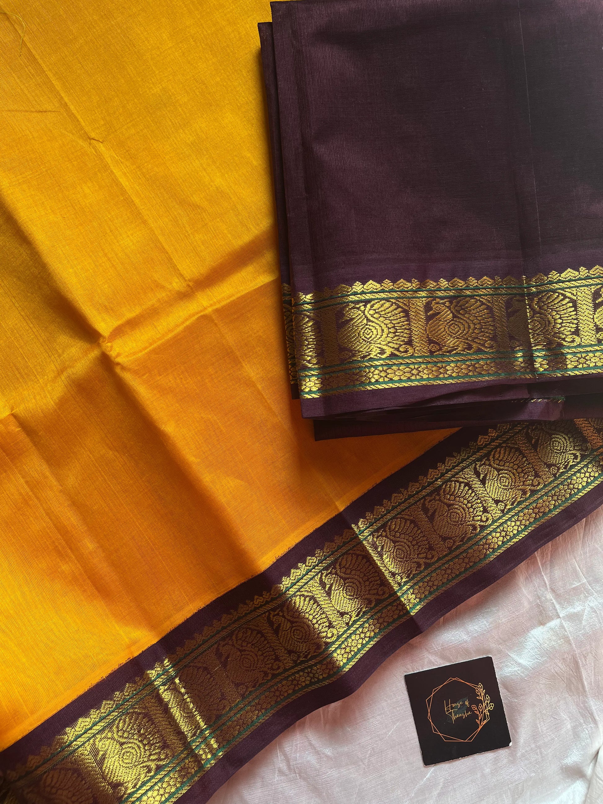 Mango Yellow Korvai Kanchivaram Silk Cotton Saree with Brown Zari Border – Pattu Nool Edit by House of Thansha