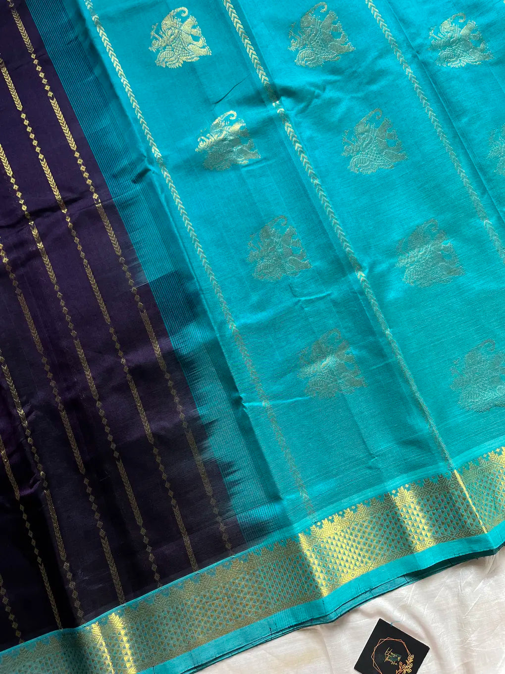 Pattu Nool Edit | Kanchi Silkcotton saree - Dark violet with sky blue