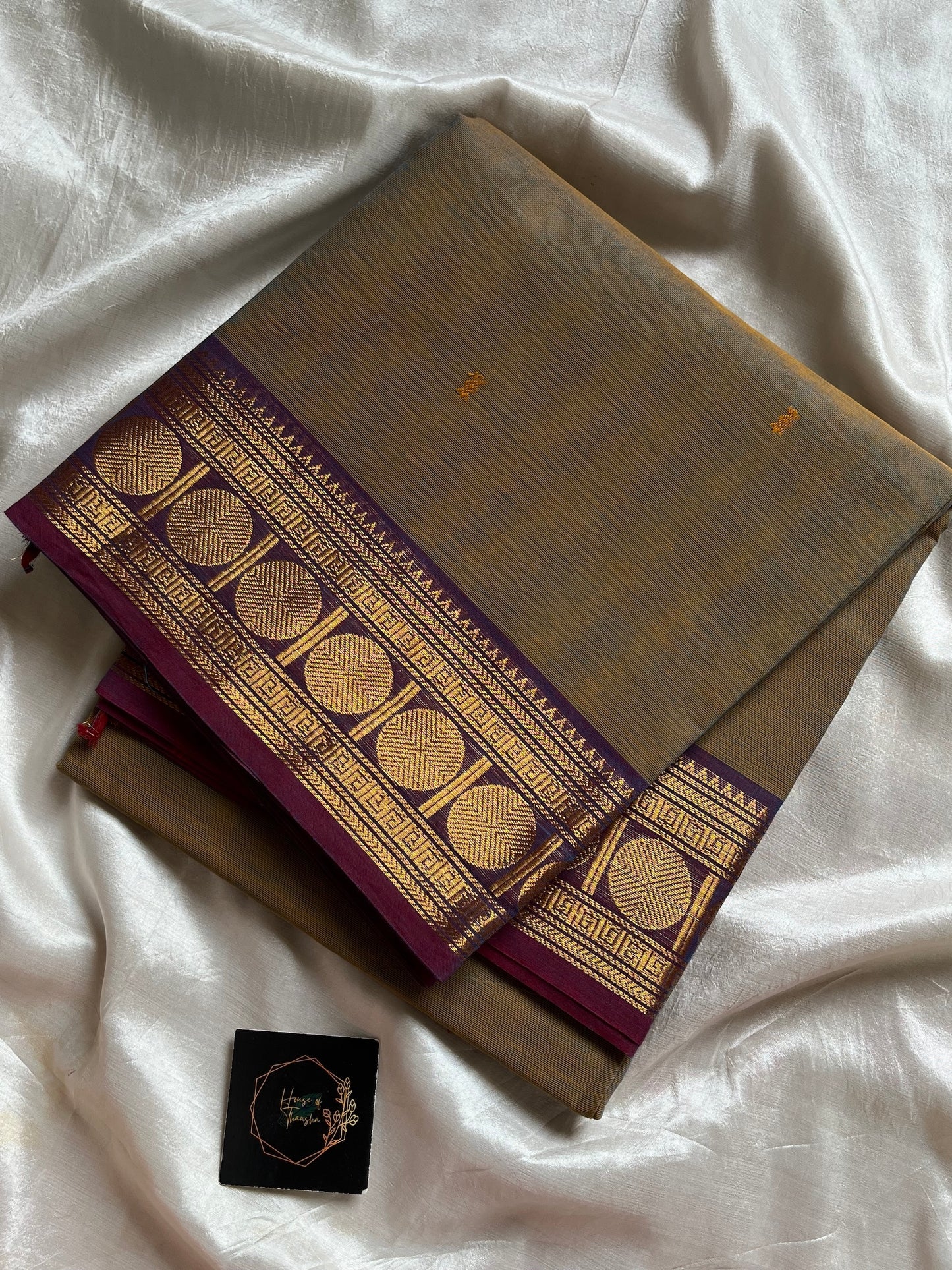 Dual Toned Ash handloom Kanchi cotton saree with contrast border – House of Thansha
