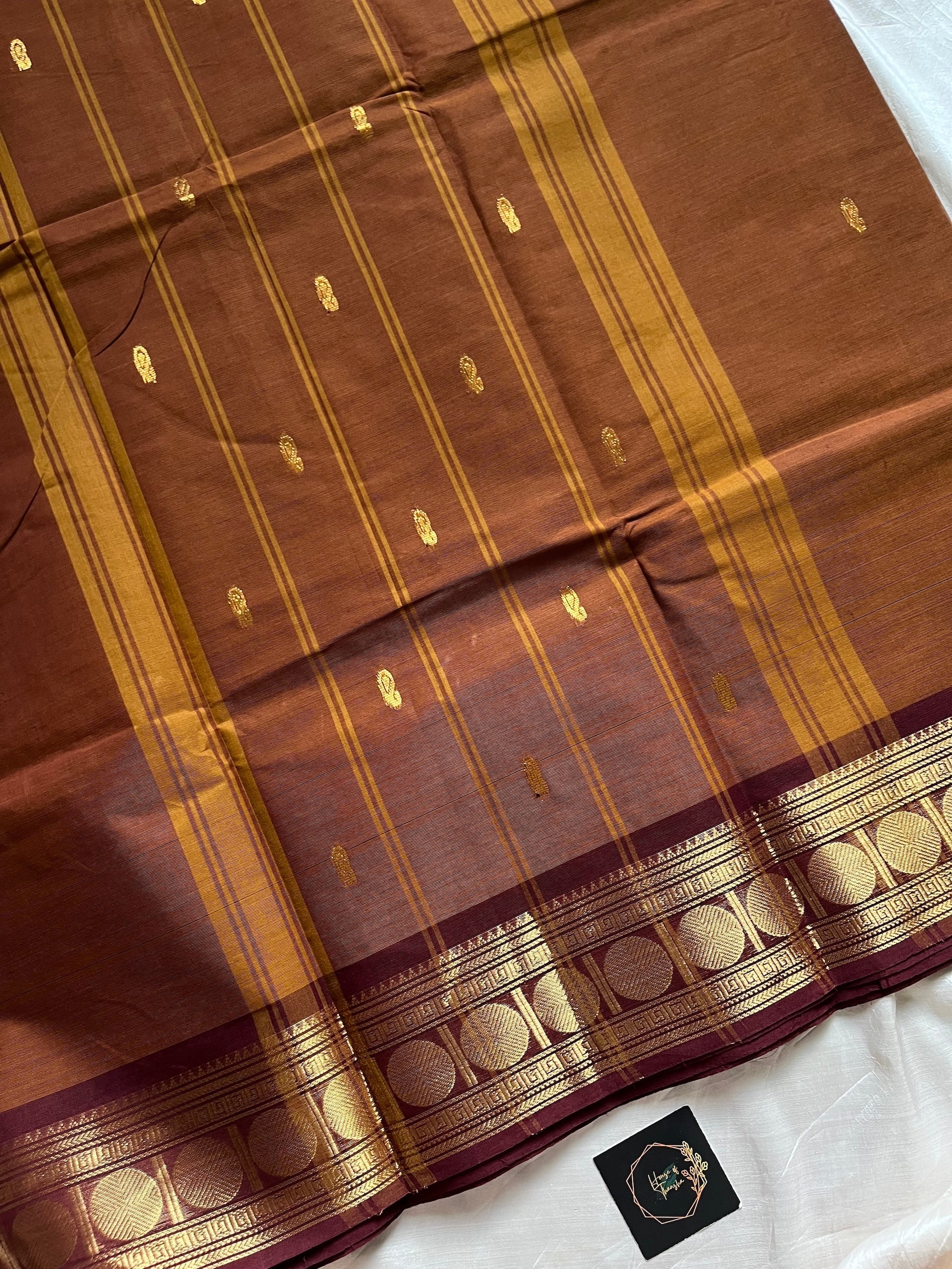 Honey Brown handloom Kanchi cotton saree with contrast border – House of Thansha
