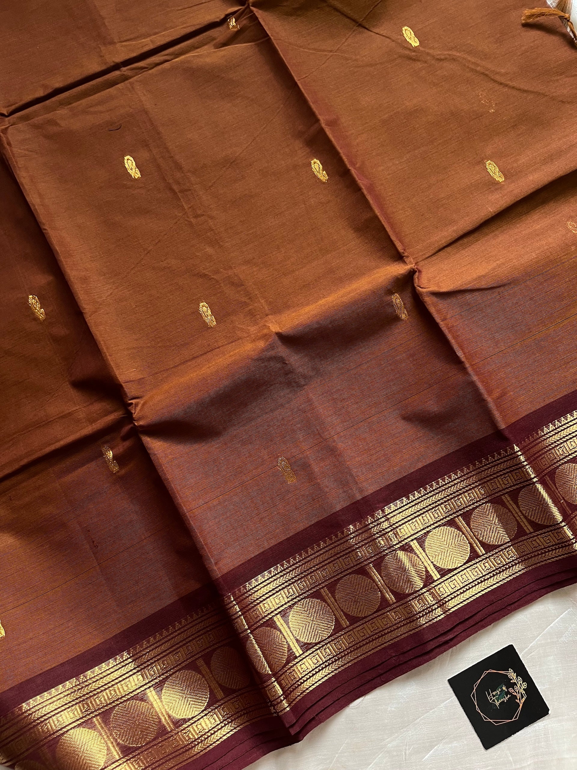 Honey Brown handloom Kanchi cotton saree with contrast border – House of Thansha
