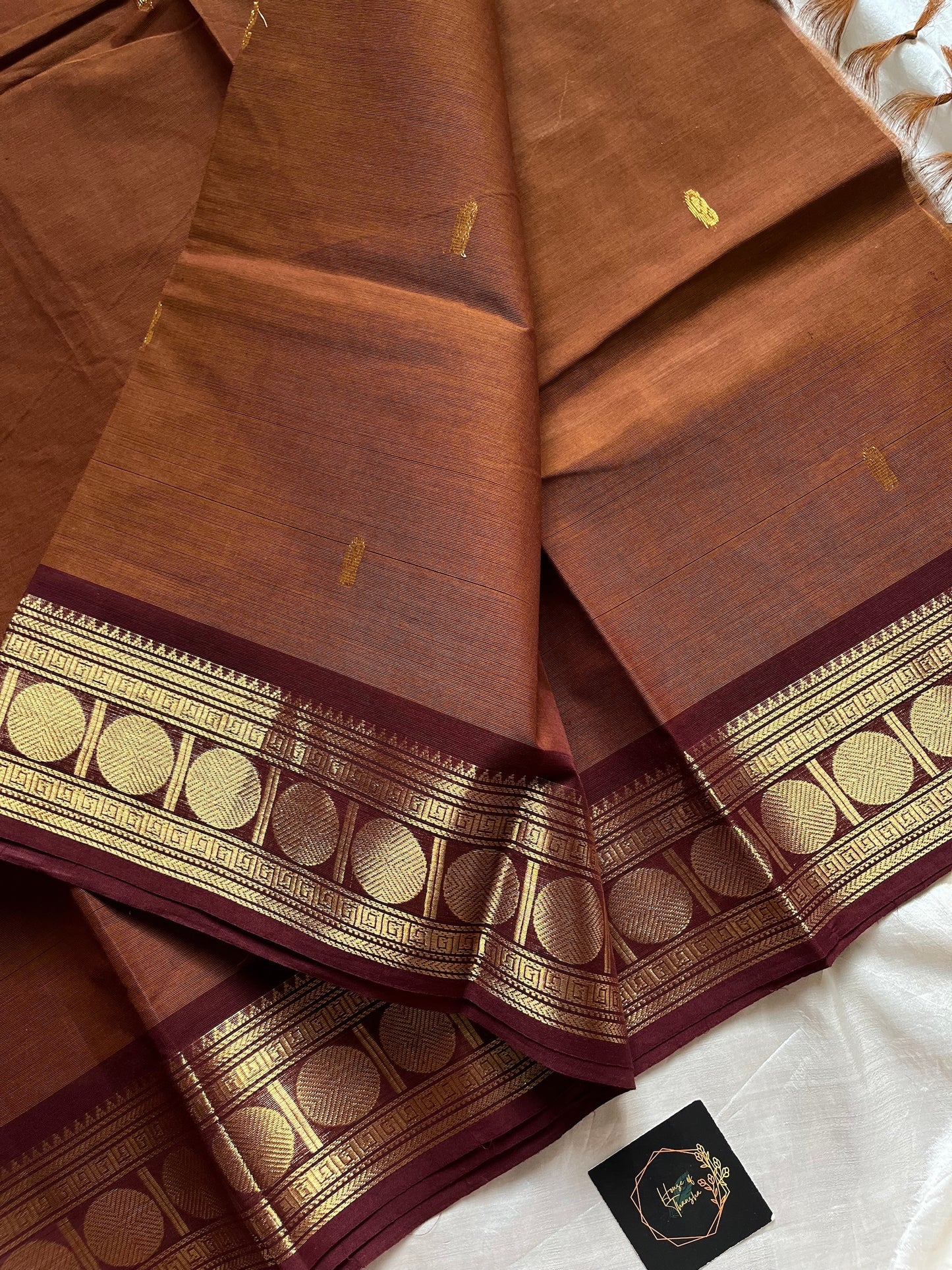 Honey Brown handloom Kanchi cotton saree with contrast border – House of Thansha
