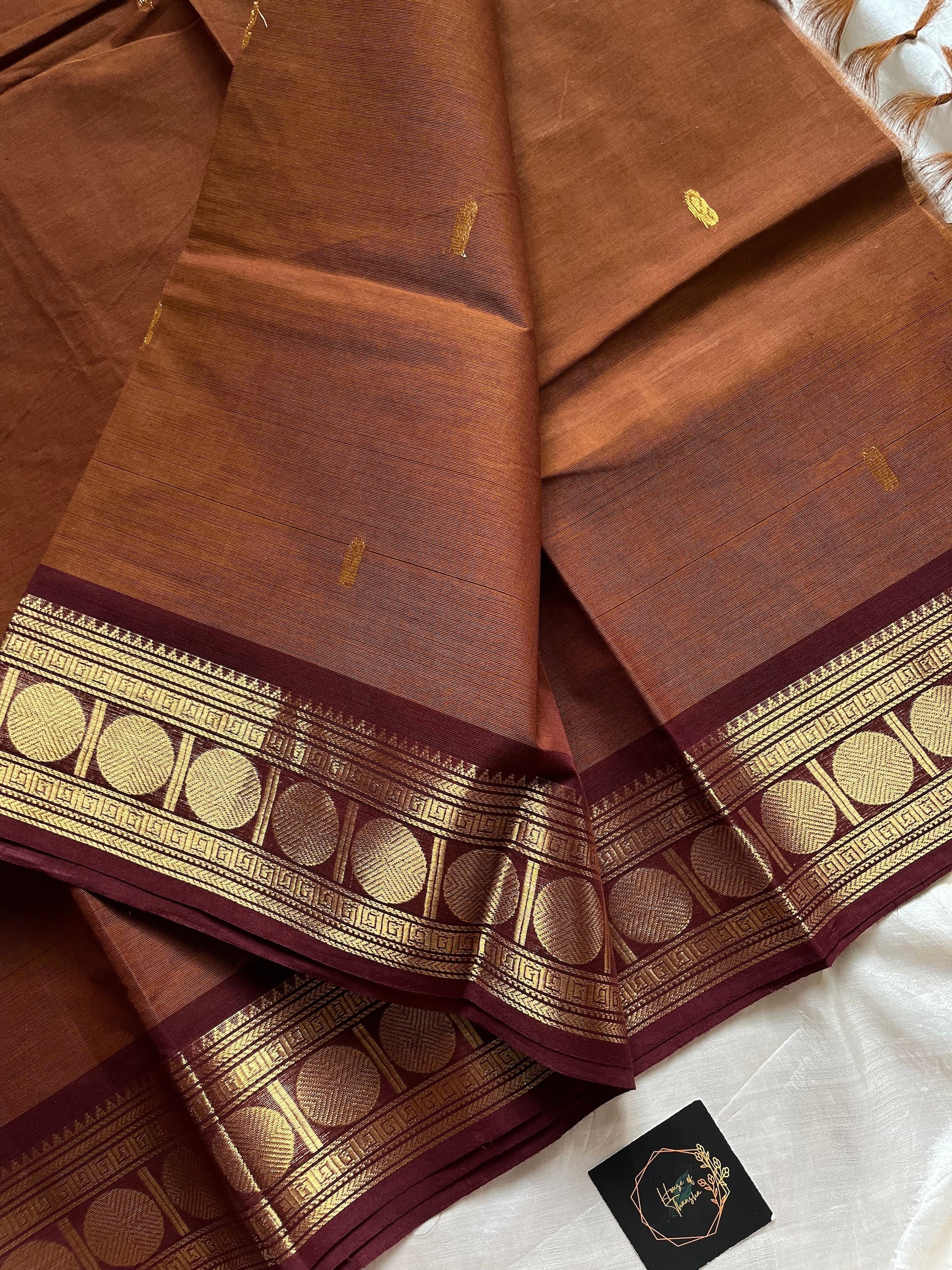 Honey Brown handloom Kanchi cotton saree with contrast border – House of Thansha