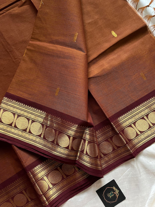 Honey Brown handloom Kanchi cotton saree with contrast border – House of Thansha