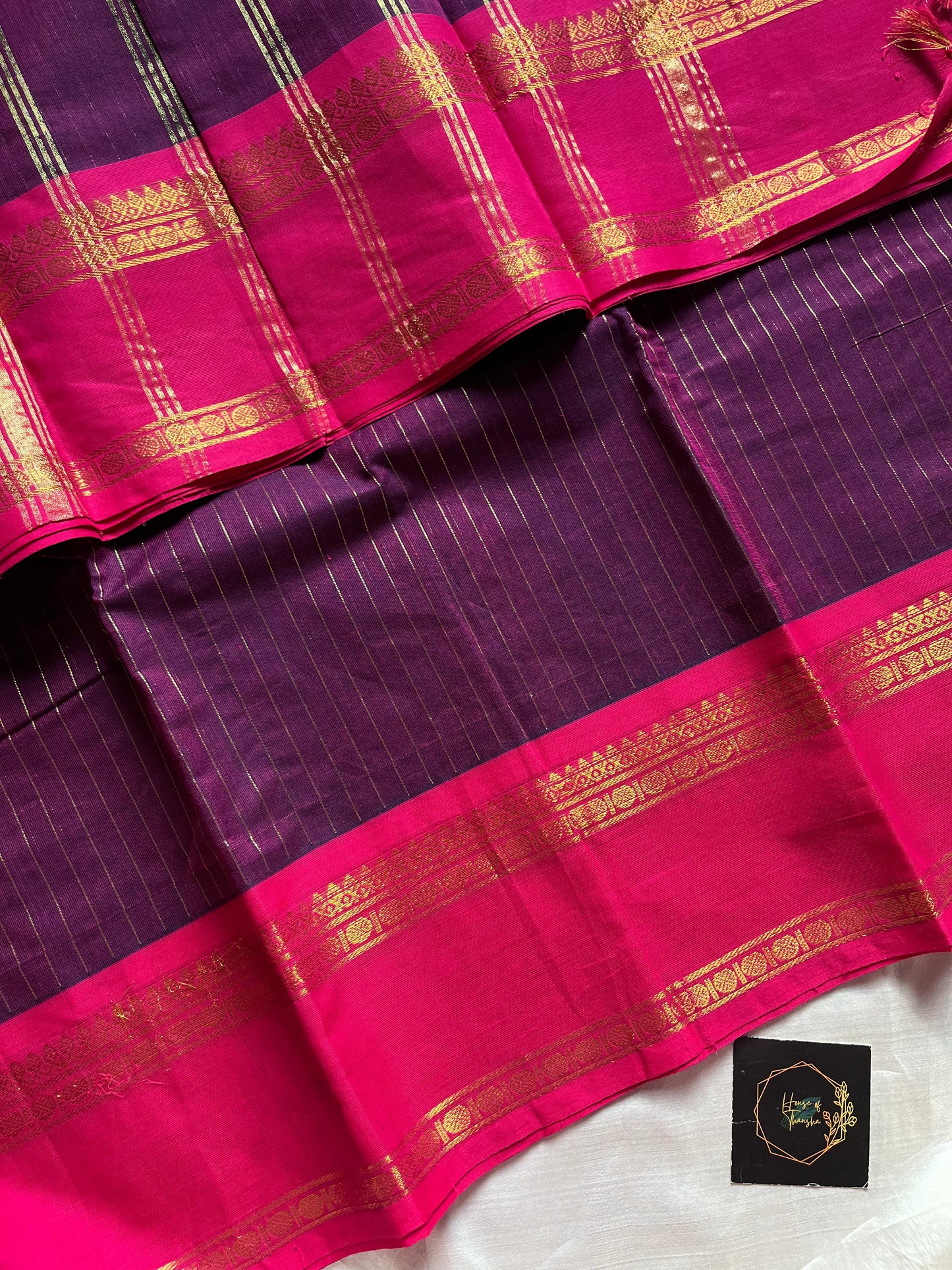 Zari Edition | Dark Purple Kanchi Cotton Saree with Pink border