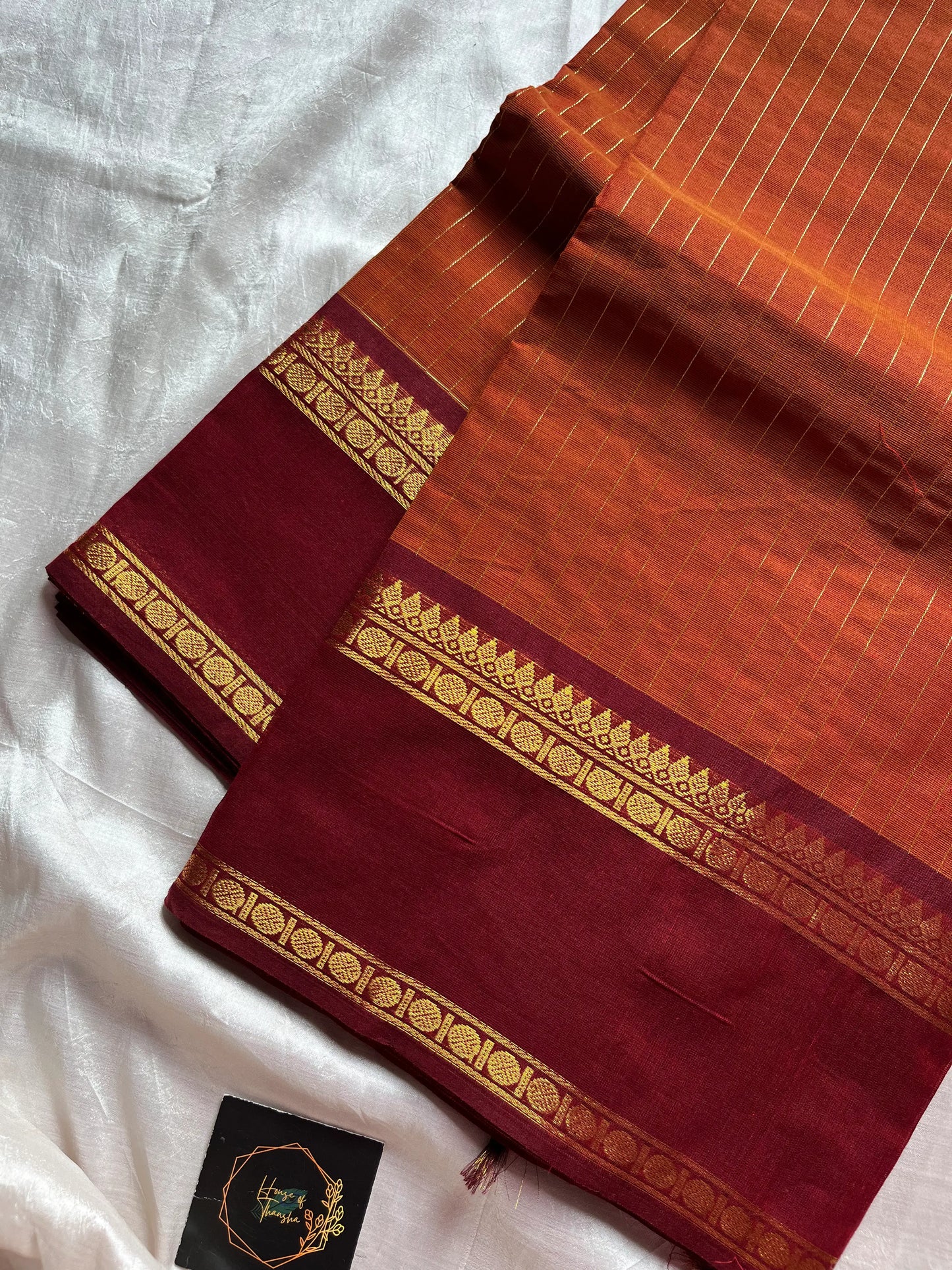Rust Orange Kanchi cotton saree with maroon Rettaipettu border and zari pallu – House of Thansha