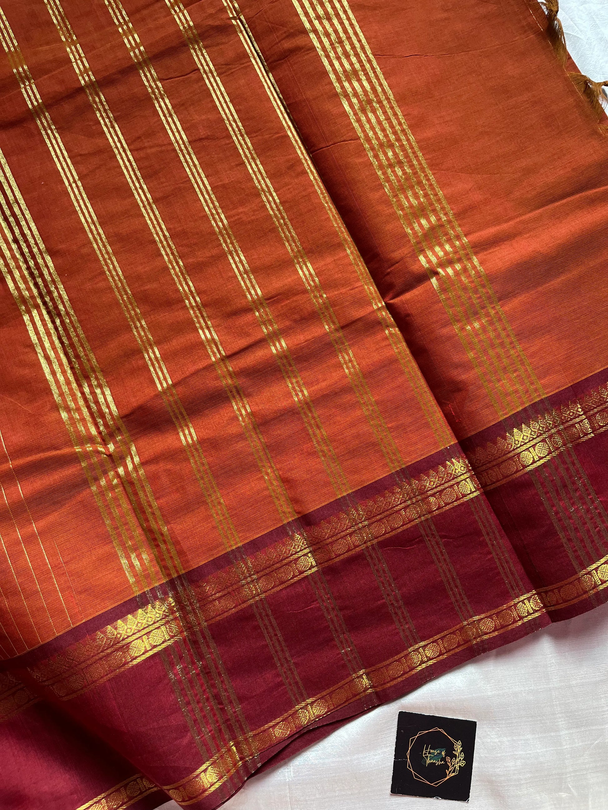 Rust Orange Kanchi cotton saree with maroon Rettaipettu border and zari pallu – House of Thansha