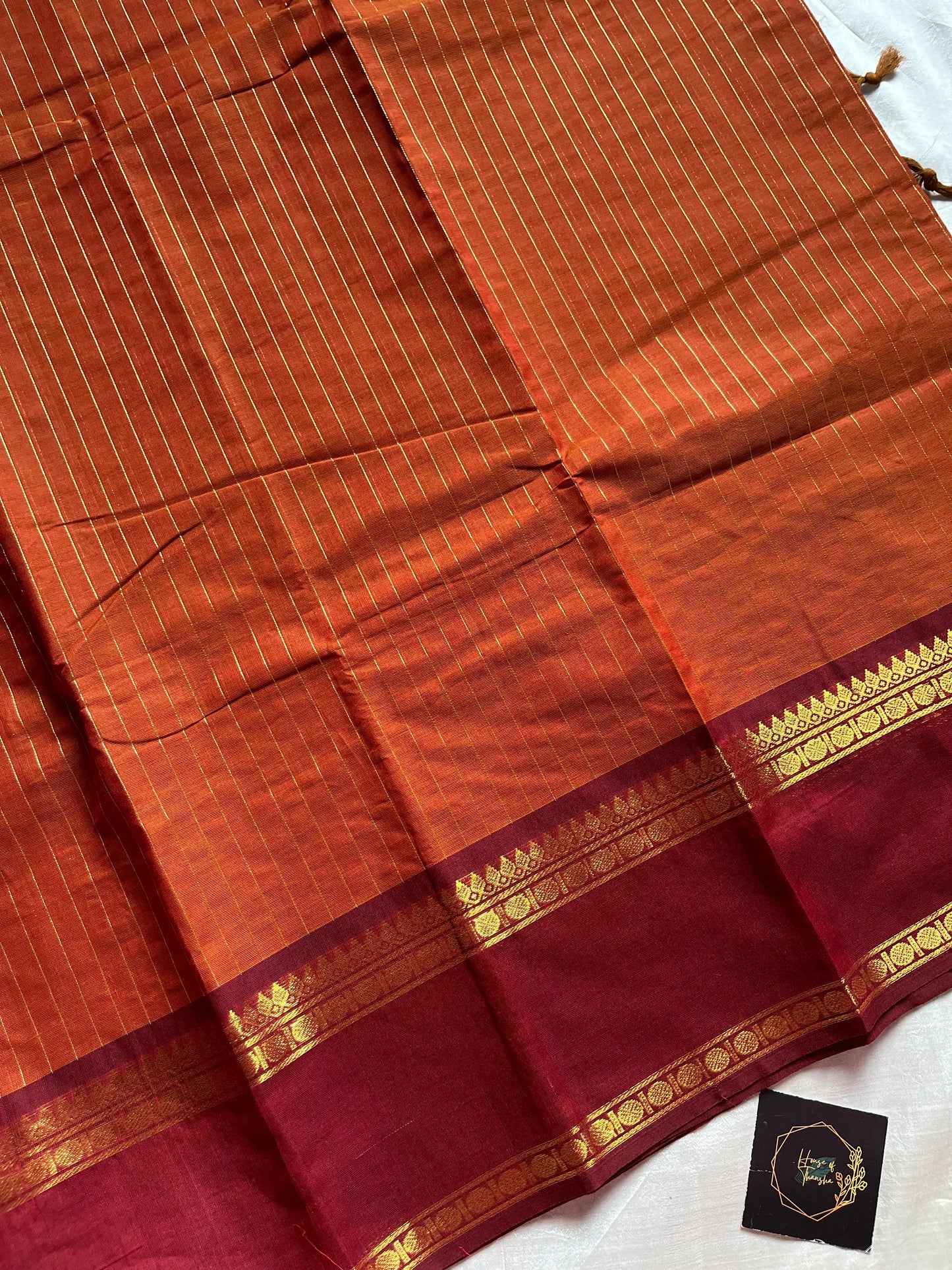 Rust Orange Kanchi cotton saree with maroon Rettaipettu border and zari pallu – House of Thansha